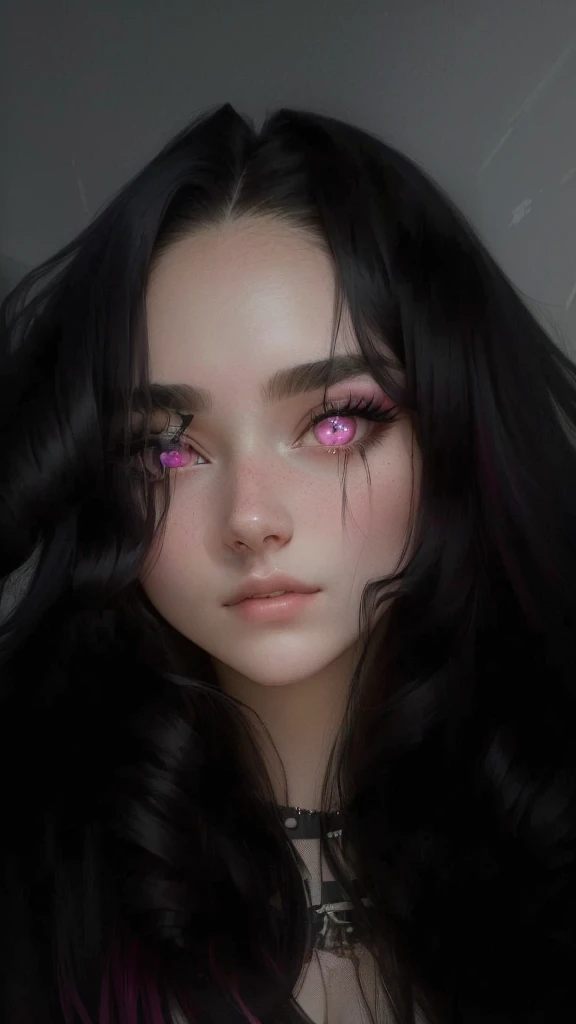 arafed woman with pink and black hair and pink eyeliners, with long hair and piercing eyes, 🤤 girl portrait, black hair and large eyes, very very low quality picture, large eyes and flowing long hair, 19-year-old girl, 1 7 - year - old goth girl, she has a cute face, she is about 1
