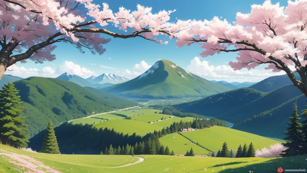 Samivel vector drawing, Retro poster, vector poster, green mountains, British Columbia landscape, evergreen trees, Inspired by Samivel. pastel colors, soft colors, muted colors, no people, no figures, high quality, very detailed, landscape, wide angle, cherry blossom trees, cherry blossoms in foreground