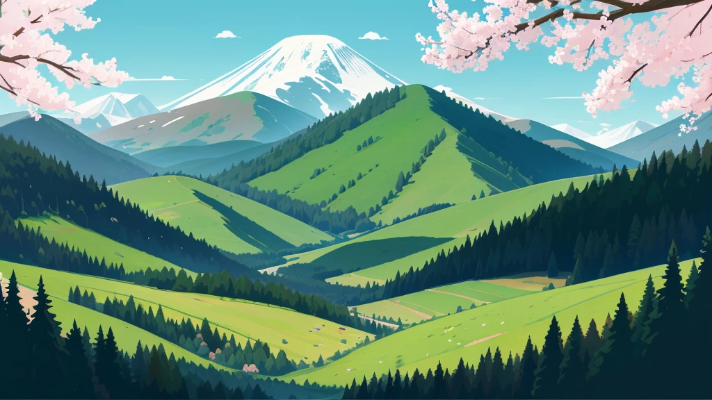 
Samivel vector drawing, Retro poster, vector poster, green mountains, British Columbia landscape, evergreen trees, Inspired by Samivel. pastel colors, soft colors, muted colors, no people, no figures, high quality, very detailed, landscape, wide angle, cherry blossom trees, cherry blossoms in foreground 