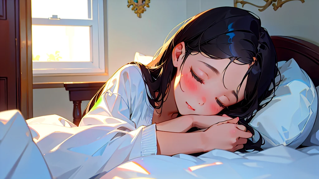 (Highest quality, masterpiece, Ultra-realistic), Beautiful and delicate１５Year-old girl portrait,, The background is my bedroom at home.、Sleeping with a calm expression、Midnight、It&#39;s pitch black in the room.、It&#39;s raining outside、Rainy season、It's dark outside