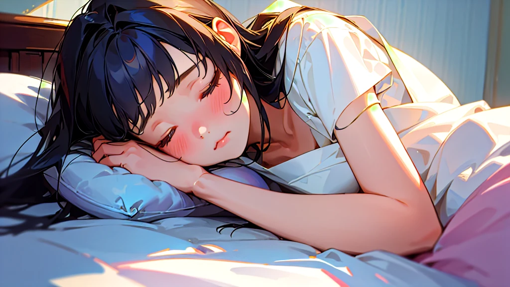 (Highest quality, masterpiece, Ultra-realistic), Beautiful and delicate15Year-old girl portrait,, The background is my bedroom at home.、Sleeping with a calm expression、Midnight、It's pitch black in the room.、It's raining outside、Rainy season、It's dark outside