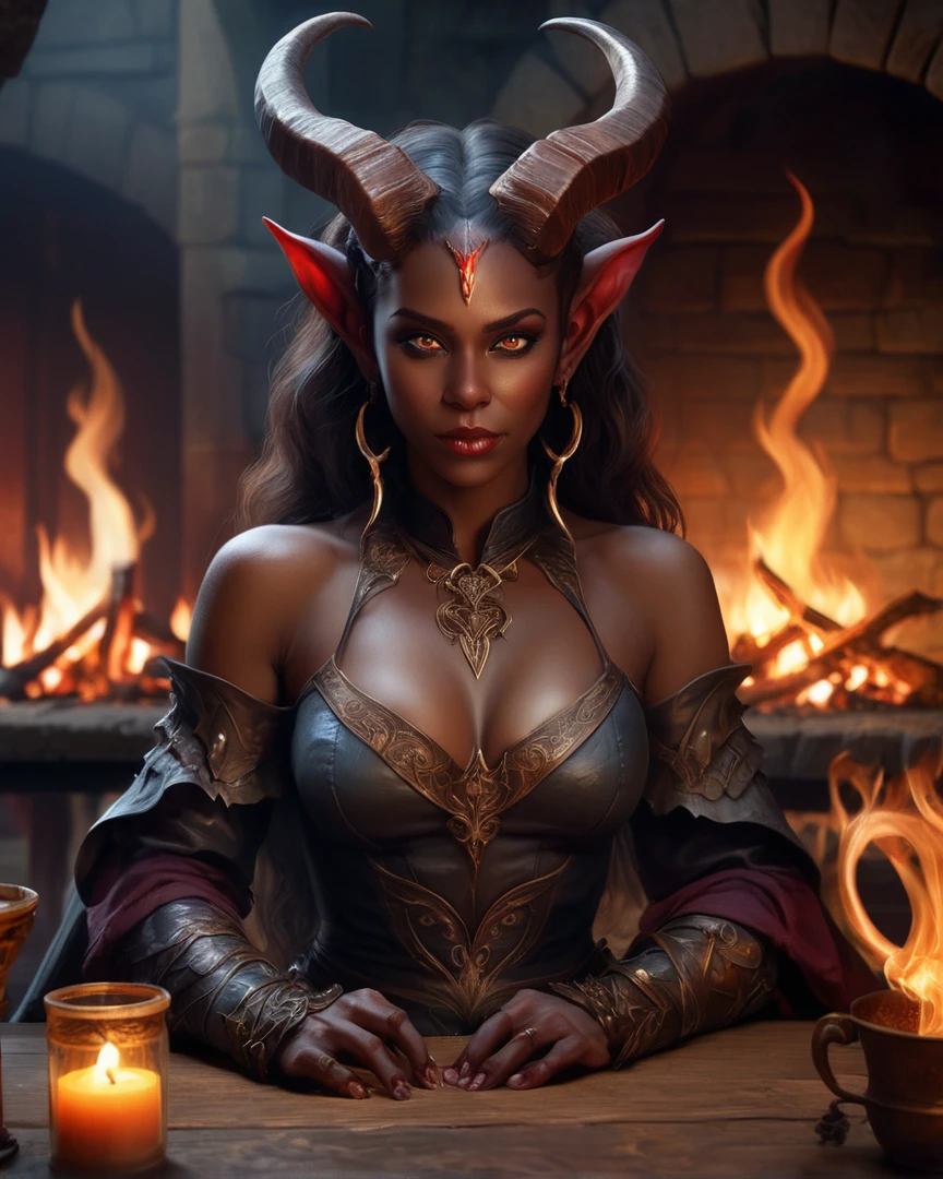 an image of a woman with horns sitting at a table in front of a fire, 8k fantasy art, fantasy art behance, 4k fantasy art, epic fantasy art portrait, trending digital fantasy art, epic fantasy character art, epic fantasy style art, epic fantasy digital art, demoness, epic fantasy digital art style, succubus | medieval, tiefling female warlock, epic fantasy art, fantasy art, epic exquisite character art, tiefling, epic fantasy art style, epic fantasy game art, detailed fantasy art, highly detailed fantasy art
