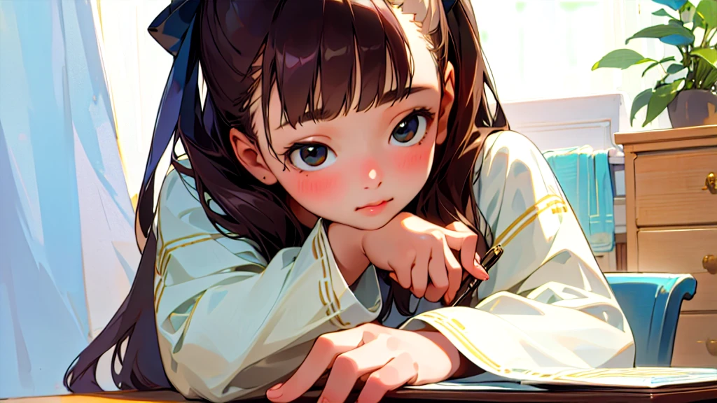 (Highest quality, masterpiece, Ultra-realistic), Beautiful and delicate15Year-old girl portrait, With a calm and gentle expression, The background is the bedroom in my own home.、I am studying hard at my desk.、Holding a pen、Cute clothes、Bust is C cup