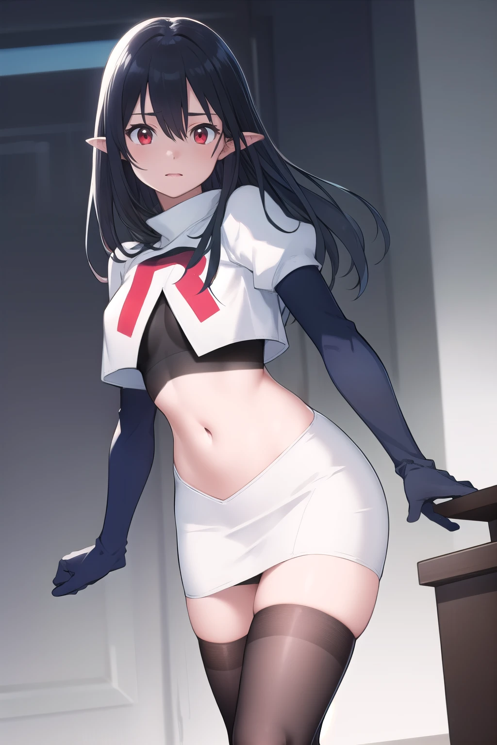((masterpiece)),(best quality),official art,extremely detailed CG,unity 8k wallpaper,ultra detailed,1girl,solo,black_hair,pointy_ears,long_hair,red_eyes,looking_at_viewer,bangs,hair_between_eyes,team rocket,team rocket uniform,white skirt,red letter R,crop top,black thigh-highs,black elbow gloves
