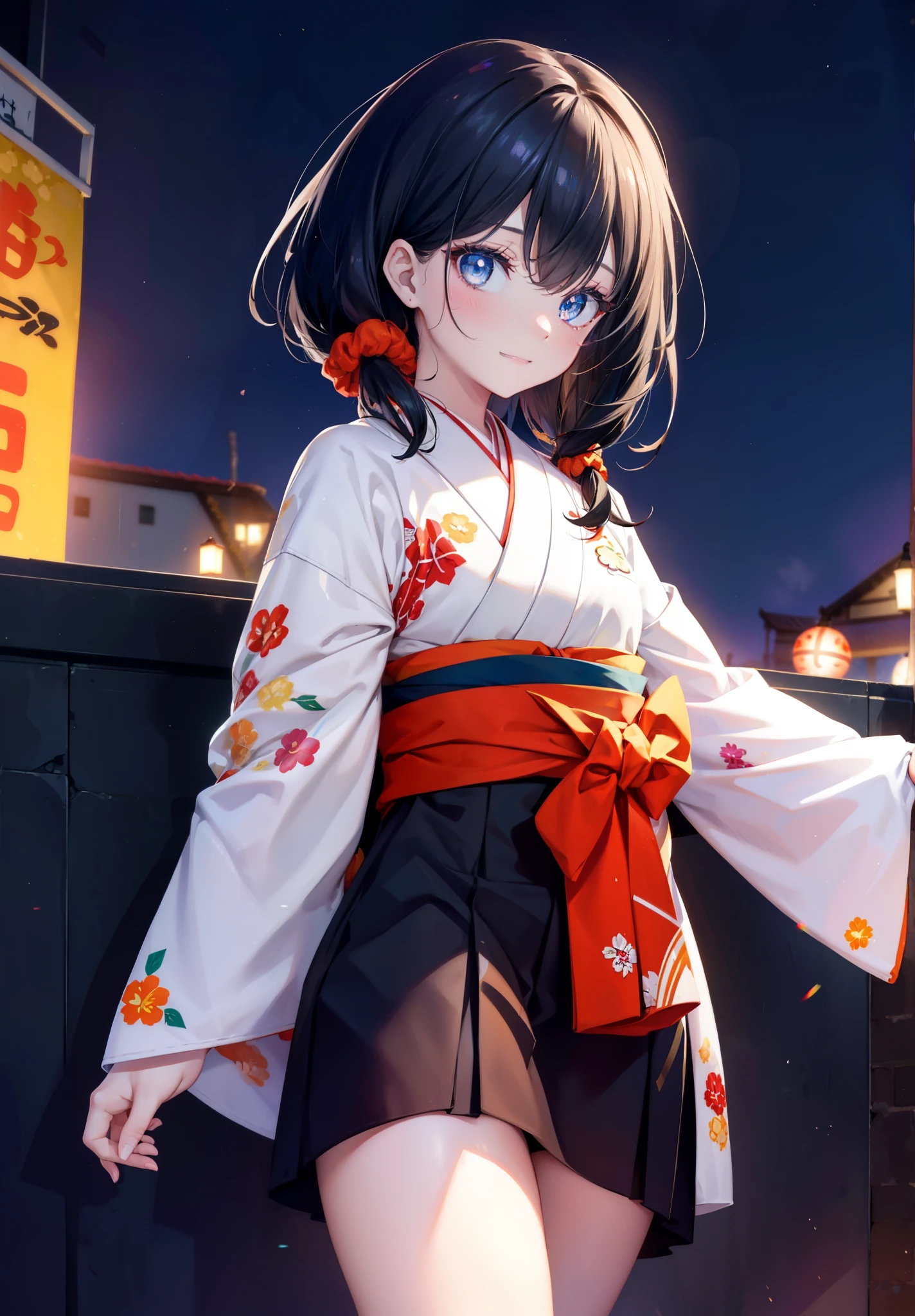 Takada Rokka, Black Hair, blue eyes, Long Hair, orange Scrunchie, Scrunchie, wrist Scrunchie, single hair band,White Kimono,White long skirt,Thick sleeves,Sandals,日本のfestival,夏festivalの屋台,Red lantern,happy smile, smile, Open your mouth,Fireworks,The place is a fireworks display、Time is night,Walking,whole bodyがイラストに入るように,
break outdoors, festival,
break looking at viewer, whole body,(Cowboy Shot:1. 5),
break (masterpiece:1.2), Highest quality, High resolution, unity 8k wallpaper, (shape:0.8), (Fine and beautiful eyes:1.6), Highly detailed face, Perfect lighting, Highly detailed CG, (Perfect hands, Perfect Anatomy),