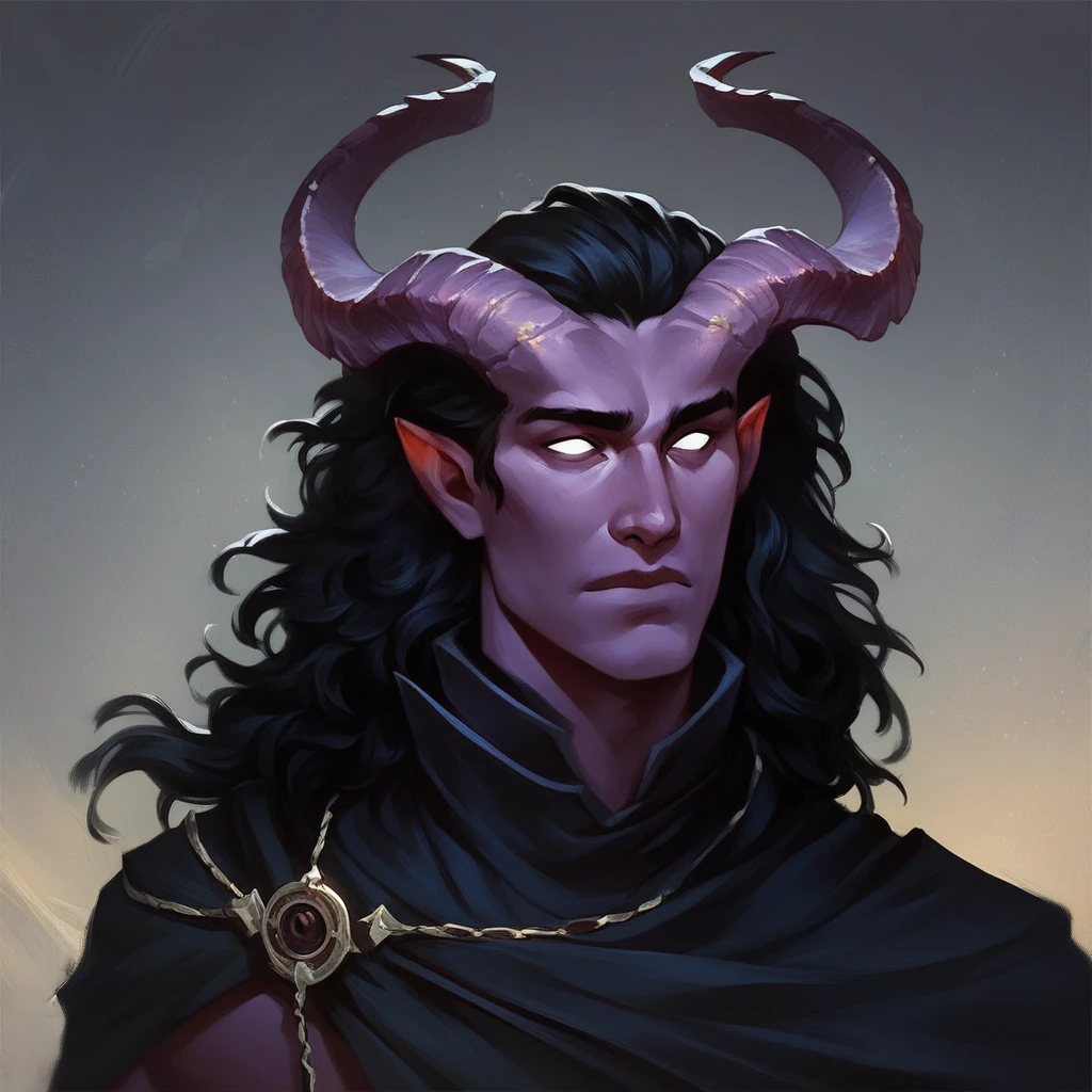 (((beautiful, high quality))), portrait, score_9, score_8_up, score_7_up, Tiefling, pointed ears, horns, 1boy, dark purple skin, black hair, black cape, fantasy background, (((comely, high qualiy))), portraite, armors, Fantasy Background