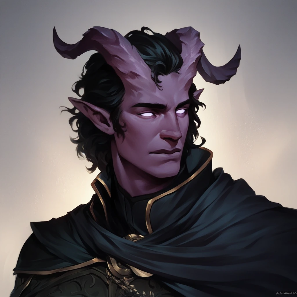 (((beautiful, high quality))), portrait, score_9, score_8_up, score_7_up, Tiefling, pointed ears, horns, 1boy, dark purple skin, black hair, black cape, fantasy background, (((comely, high qualiy))), portraite, armors, Fantasy Background