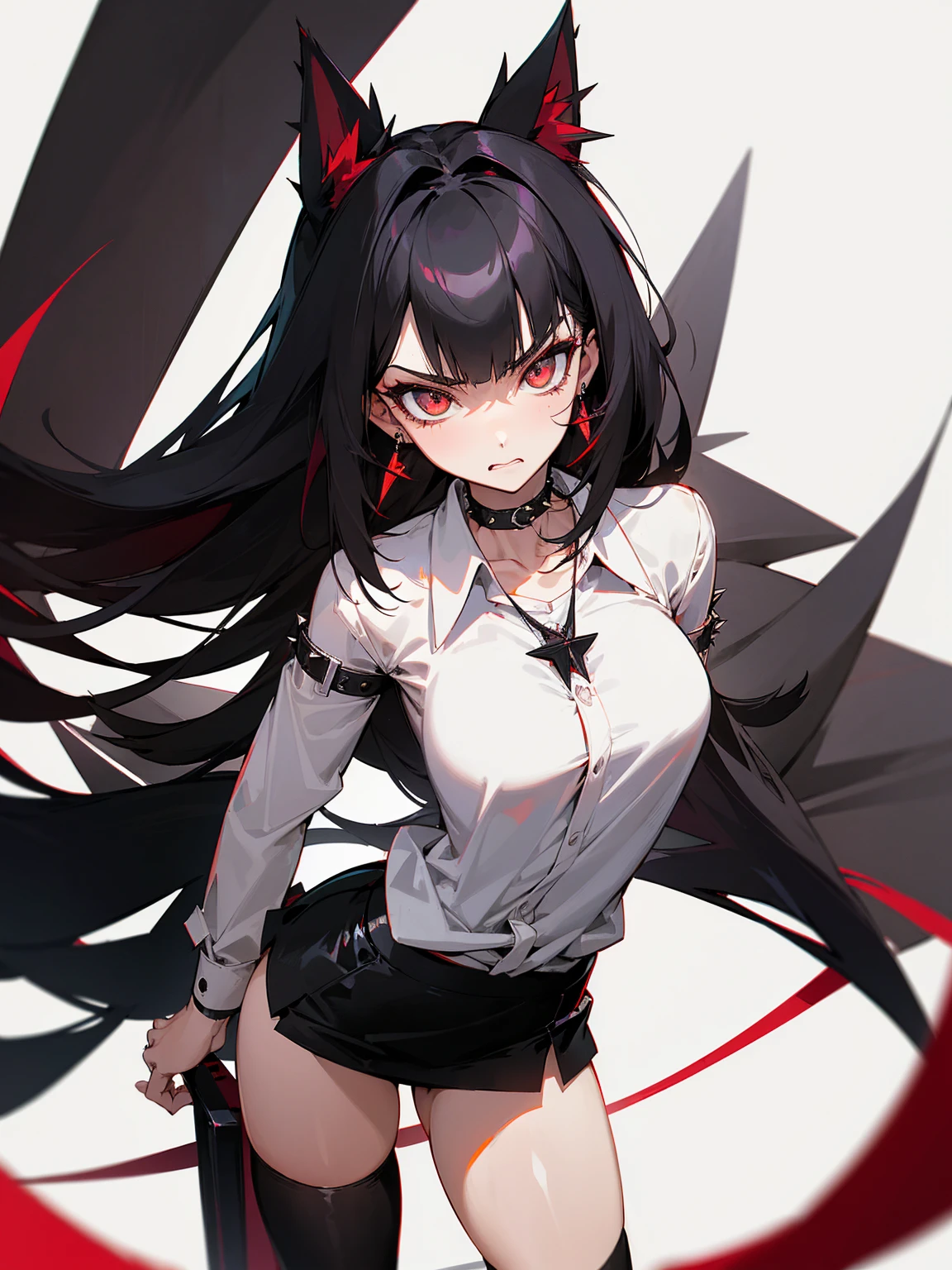 ((Long Straight Black hair)), Perfect face, Choker, Punk earrings, ((Tall)), ((High Quality)), Necklace, ((Mature)), Pretty Eyes, Sharp Nails, Bangs, ((1 Girl)), Hot, ((Multiple Earrings)), 1 girl, Beautiful, Sexy, Spiky Earrings, Adult, Spiked Collar, Thin Eyelashes, Plain Background, Red Colors in Background, Cat Girl, Long Tail, Large Tail, Massive Tail, Black Tail, ((Black Goth Mini Skirt)), ((White Shirt)), Close Up, Very Short Mini Skirt, Tall, Long Legs, Sexy Thigh Highs, ((Very Disgusted)), Angry,