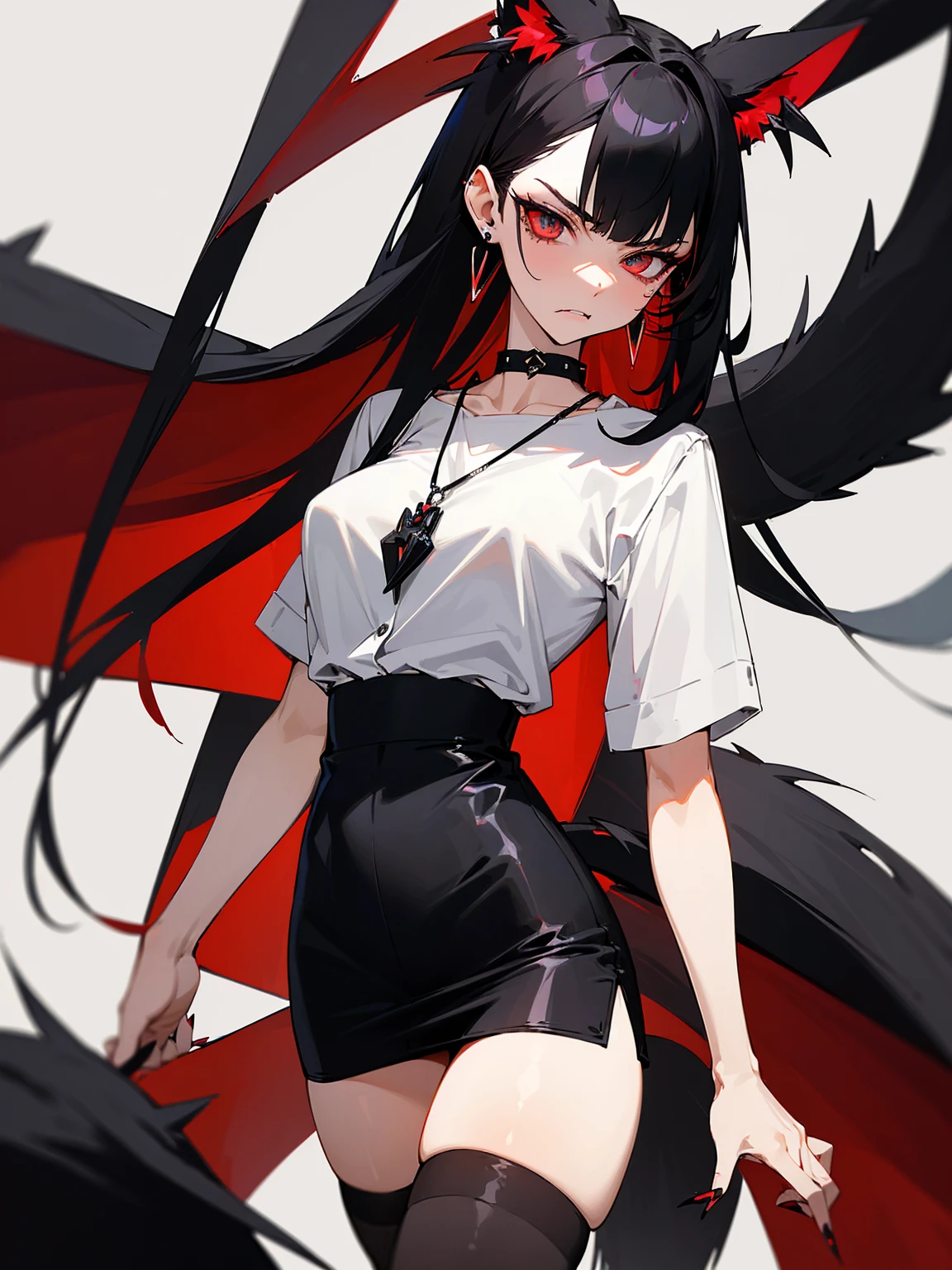 ((Long Straight Black hair)), Perfect face, Choker, Punk earrings, ((Tall)), ((High Quality)), Necklace, ((Mature)), Pretty Eyes, Sharp Nails, Bangs, ((1 Girl)), Hot, ((Multiple Earrings)), 1 girl, Beautiful, Sexy, Spiky Earrings, Adult, Spiked Collar, Thin Eyelashes, Plain Background, Red Colors in Background, Cat Girl, Long Tail, Large Tail, Massive Tail, Black Tail, ((Black Goth Mini Skirt)), ((White Shirt)), Close Up, Very Short Mini Skirt, Tall, Long Legs, Sexy Thigh Highs, ((Very Disgusted)), Angry,