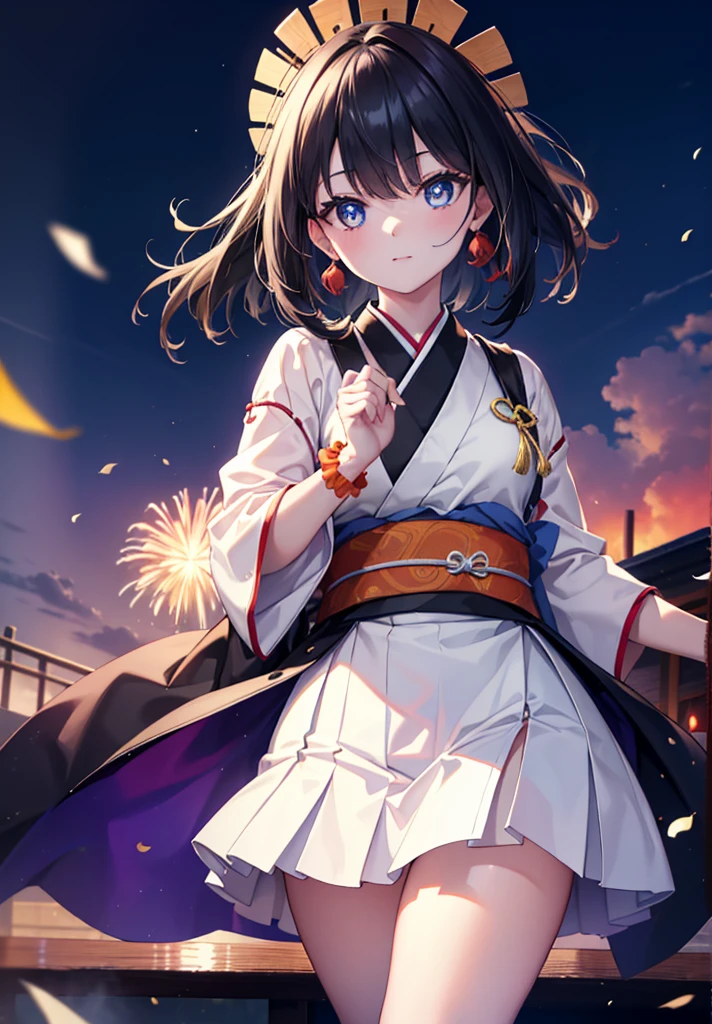 Takada Rokka, Black Hair, blue eyes, Long Hair, orange Scrunchie, Scrunchie, wrist Scrunchie, single hair band,White Kimono,White long skirt,Thick sleeves,Sandals,日本のfestival,夏festivalの屋台,Red lantern,happy smile, smile, Open your mouth,Fireworks,The place is a fireworks display、Time is night,Walking,whole bodyがイラストに入るように,
break outdoors, festival,
break looking at viewer, whole body,(Cowboy Shot:1. 5),
break (masterpiece:1.2), Highest quality, High resolution, unity 8k wallpaper, (shape:0.8), (Fine and beautiful eyes:1.6), Highly detailed face, Perfect lighting, Highly detailed CG, (Perfect hands, Perfect Anatomy),