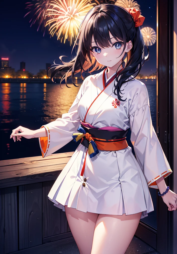 Takada Rokka, Black Hair, blue eyes, Long Hair, orange Scrunchie, Scrunchie, wrist Scrunchie, single hair band,White Kimono,White long skirt,Thick sleeves,Sandals,日本のfestival,夏festivalの屋台,Red lantern,happy smile, smile, Open your mouth,Fireworks,The place is a fireworks display、Time is night,Walking,whole bodyがイラストに入るように,
break outdoors, festival,
break looking at viewer, whole body,(Cowboy Shot:1. 5),
break (masterpiece:1.2), Highest quality, High resolution, unity 8k wallpaper, (shape:0.8), (Fine and beautiful eyes:1.6), Highly detailed face, Perfect lighting, Highly detailed CG, (Perfect hands, Perfect Anatomy),