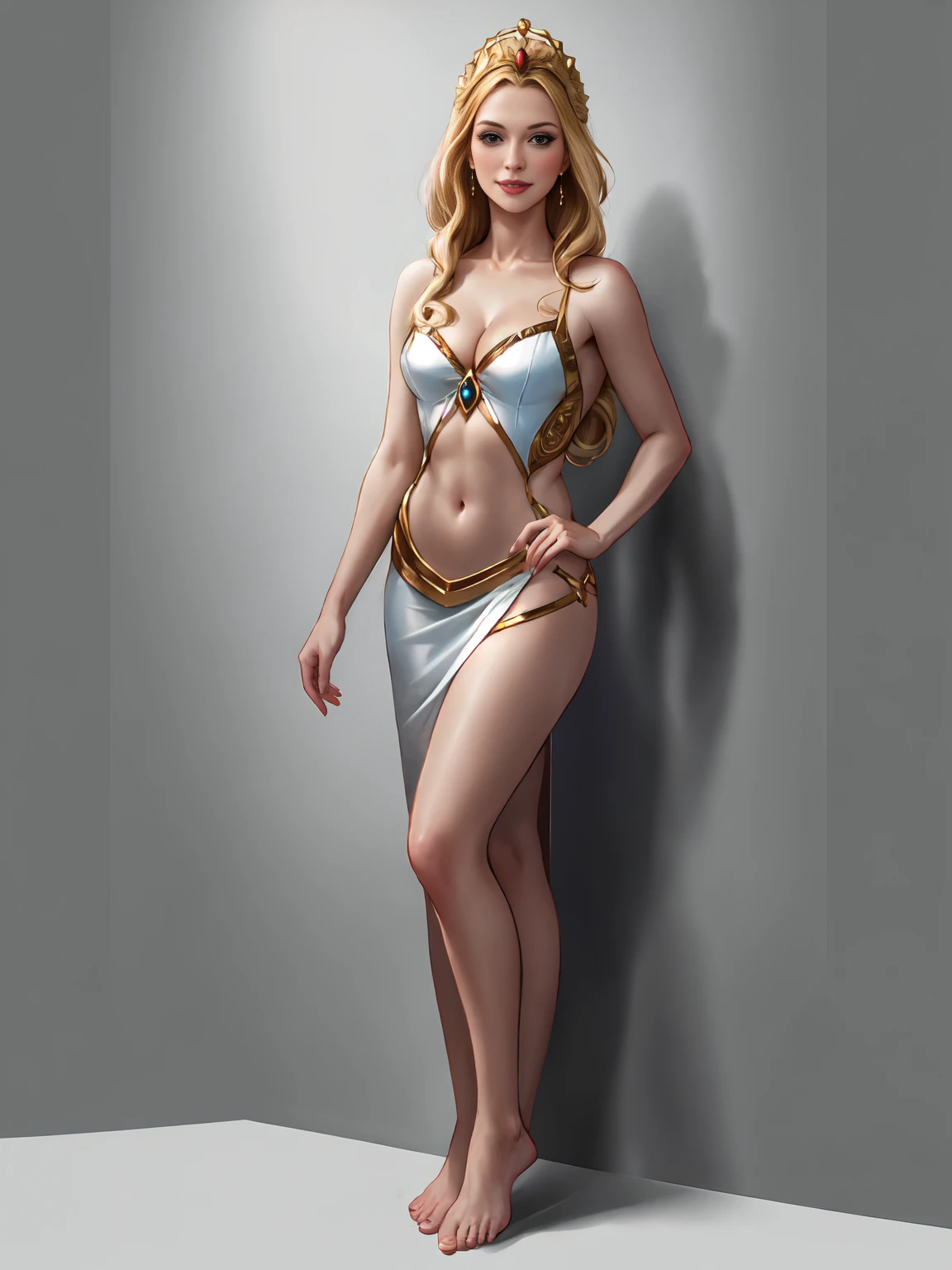 ((Full body photo, standing, feet on the ground)) sheraquiron,long_blonde_hair BREAK [SEP],
golden_tiara BREAK [SEP],
white_mini_dress BREAK [SEP],
revealed_cleavage,exposed_medium_breasts,navel,colarbone,covered_nipples:1.2) BREAK [SEP],
(ambient_lighting:1.1),(ultra_realistic,32k,RAW_photo:1.1),(high_detailed_skin:1.1),8k_uhd,dslr BREAK [SEP],
high_quality,film_grain BREAK [SEP],
full_shot,looking_at_viewer_seductively,flirty_smile,naughty_face,simple_background,(insanely_detailed,best_quality,masterpiece,photorealistic:1.3),