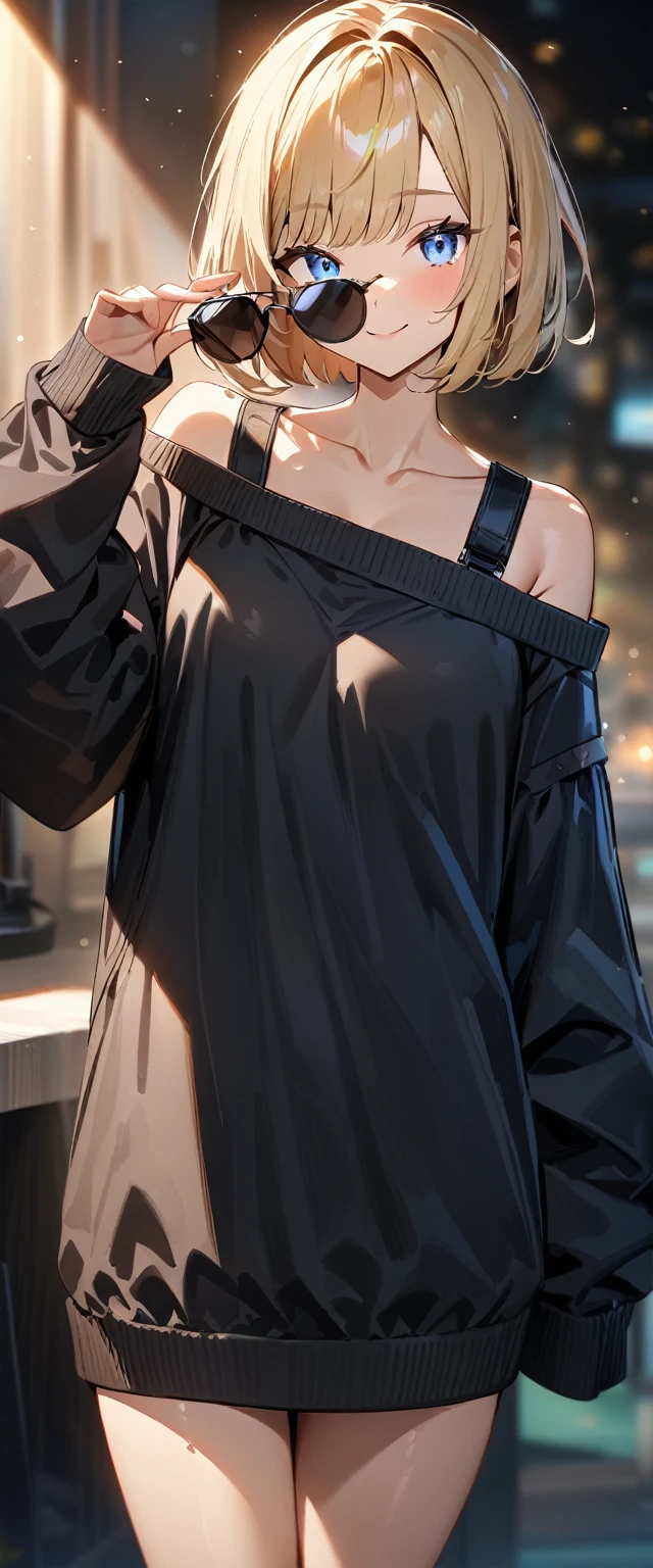 (((One girl))), sea, beach, (((from behind))), (((bare legs))), ((aran sweater)), peace fingers, blond hair, ((sunglasses, hand to sunglasses)), (bob cut:1.3)), breasts, cleavage, (cowboy shot), standard body, (looking at viewer), oversized clothes, puffy long sleeves, collarbone, ((off-shoulder sweater dress:1.3, Quite thick shoulder straps)), (((sleeves past wrists:1.3))), ((black sweater)), teenager, head tilt:1.3, (((blue eye))), ((happy smile)), (((anime style))), (best quality, 4k, 8k, highres, masterpiece:1.2, ultra-detailed, ultra-detailed eyes, HDR, UHD, studio lighting, ultra-fine painting, sharp focus, physically-based rendering, extreme detail description, professional, vivid colors, bokeh), ((Highest quality, Best image quality, Ultra-high resolution, Ultra-high resolution, solo, Strong eye highlights)), Depth of written boundary, Natural soft light, attractive, Beautiful Face, Cleanliness, Pure Face, nedium chest, Beautiful Face, Perfect Fingers, Perfect hands, Perfect body, Perfect Face, Shine a light into your eyes, Perfect Anatomy
