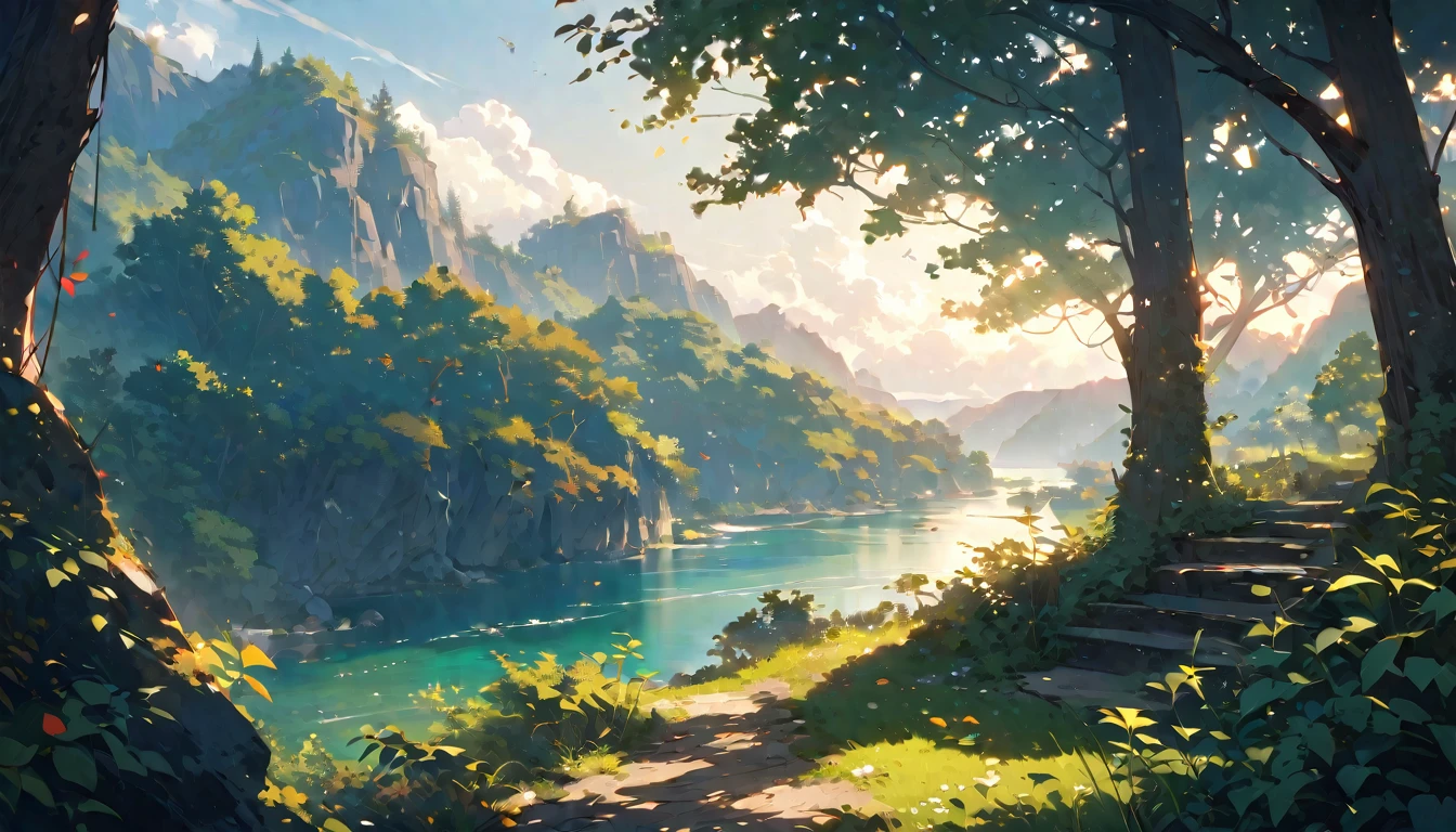 null,The sun peeks through the gaps in the leaves,landscape,There is no one here,summer,Highest quality,masterpiece,Midday