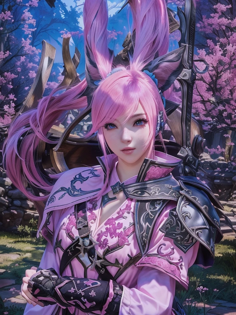 Closeup of a costumed person with pink hair, final fantasy style 14, Final Fantasy 1 4, Final Fantasy 1 4 screenshot, ffxiv cielo, Final Fantasy XIV, ffxiv, final fantasy 14 sharp, thinning pink hair, Pink hair and cyan eyes., character close up, character closeup, female character with bigger eyes and with a bow on her back you can make a very beautiful forest environment detalla su arco de atras que tenga una cara seductora