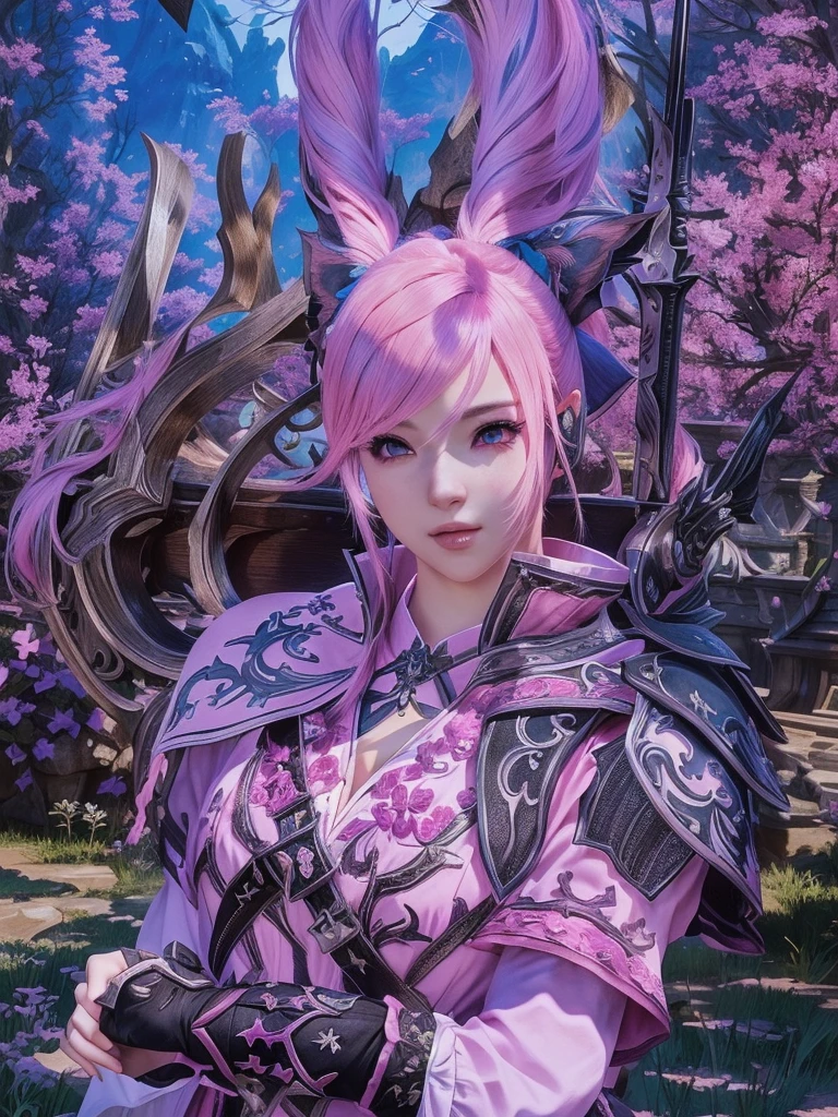 Closeup of a costumed person with pink hair, final fantasy style 14, Final Fantasy 1 4, Final Fantasy 1 4 screenshot, ffxiv cielo, Final Fantasy XIV, ffxiv, final fantasy 14 sharp, thinning pink hair, Pink hair and cyan eyes., character close up, character closeup, female character with bigger eyes and with a bow on her back you can make a very beautiful forest environment detalla su arco de atras que tenga una cara seductora