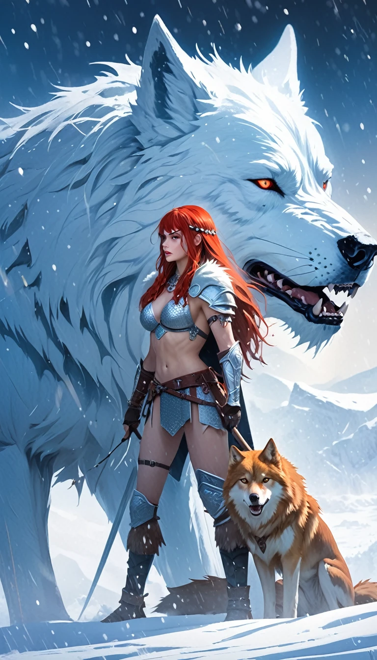 A fierce redhead warrior, Red Sonja, with her companion a huge giant wolf in a snowy landscape, blood stains on the pristine white snow (best quality, 4k, 8k, high resolution, masterpiece: 1.2), ultra detailed,,vivid colors,bokeh,portraits,concept art,dramatic lighting,cold tones,snow, ice, winter, art inspired by Bill Sienkiewicz
