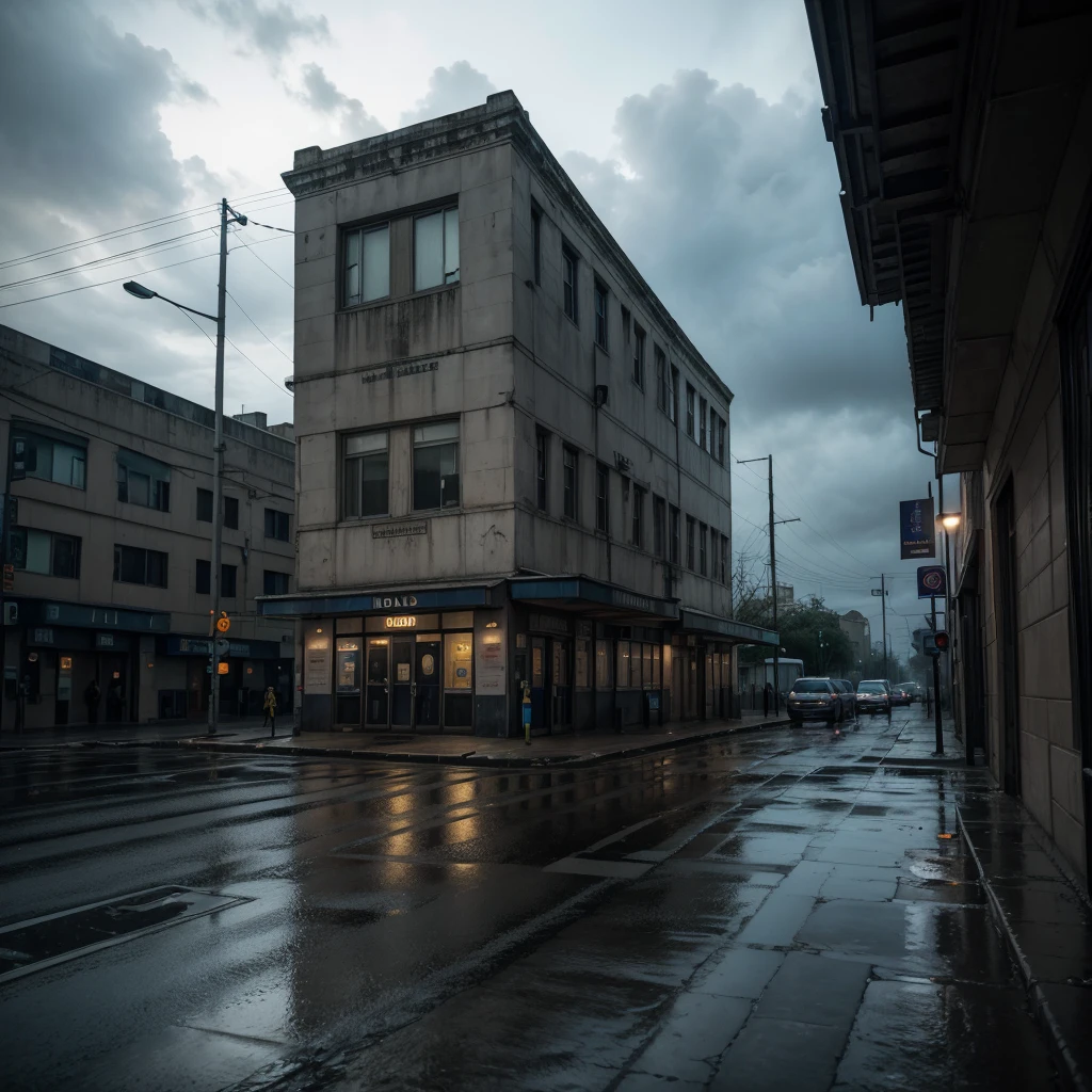 I imagine the front of a police station on a stormy, scary night. The police station is an old dark stone building, with small windows and iron bars. The facade is lit by a single dim, flickering streetlight, which casts ominous shadows over the surroundings. The rain falls heavily, creating shiny puddles on the worn asphalt of the street.

At the entrance to the police station, there is a lone police car, parked slightly crookedly as if it had been abandoned in a hurry. The car is covered in raindrops and reflects the dim lights of the streetlight, giving a feeling of desolation and abandonment. The light from the police station inside the building is dim, projecting a shadowy silhouette through the poorly drawn window curtains.

The walls of the police station are scarred from years of exposure to harsh weather and the wear and tear of time, with some areas peeling away and showing the gray concrete underneath. Faded 'Wanted' posters and community notices are tacked haphazardly to the exterior wall. The overall atmosphere conveys a sense of tension and mystery, as if something sinister is about to happen or has already occurred.