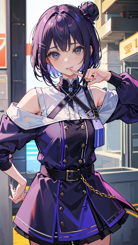 Top Quality, 8K, 4K, High Definition, Detail, (better-quality, 8K, 12), top-quality, 1 girl、purple short bob hair clip tied into a bun、black eyes、small breasts、uniform、gray jacket with pink line、blue skirt、 fingerless gloves、thighs、Ilcha fousing on her, surprise face, having her handon her face, making cute expressing face. picture pose, she is standing up, she has a loil pop in her mouth, she up close only showing her wraist and up.