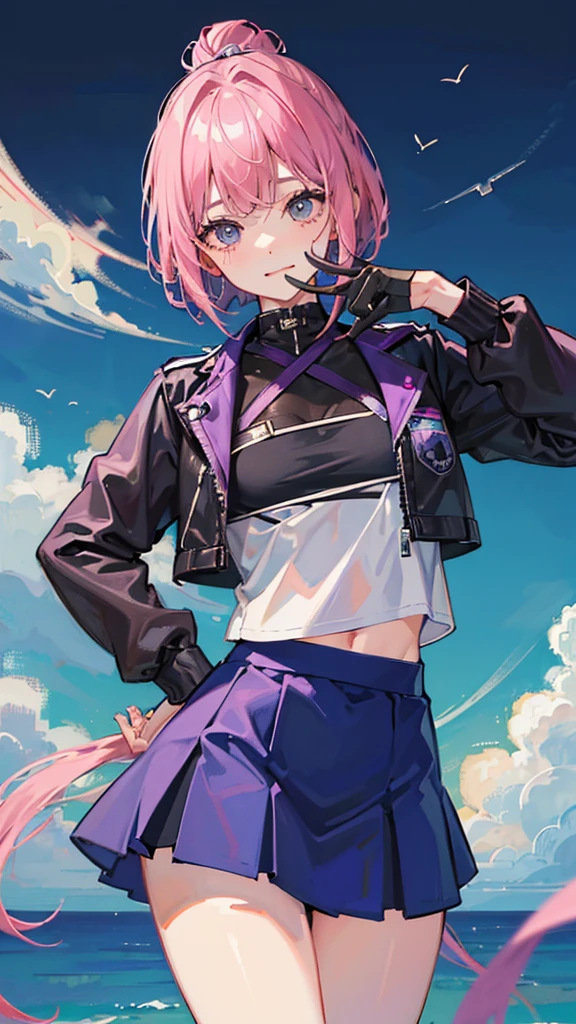 Top Quality, 8K, 4K, High Definition, Detail, (better-quality, 8K, 12), top-quality, 1 girl、purple short bob hair clip tied into a bun、black eyes、small breasts、uniform、gray jacket with pink line、blue skirt、 fingerless gloves、thighs、Ilcha fousing on her, surprise face, having her handon her face, making cute expressing face. picture pose, she is standing up, she has a loil pop in her mouth, she up close only showing her wraist and up.