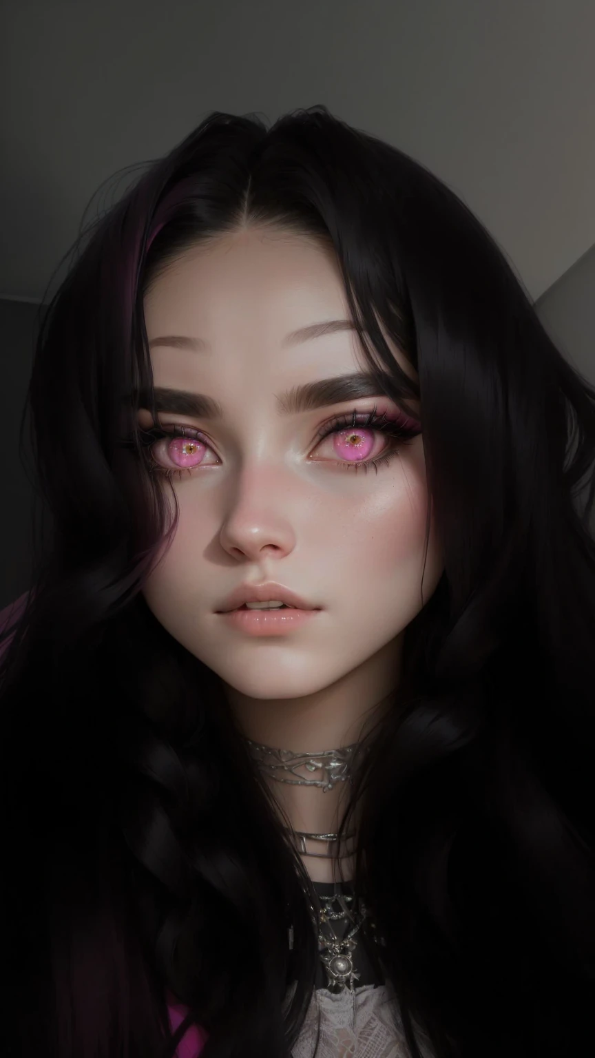 arafed woman with pink and black hair and pink eyeliners, with long hair and piercing eyes, 🤤 girl portrait, black hair and large eyes, very very low quality picture, large eyes and flowing long hair, 19-year-old girl, 1 7 - year - old goth girl, she has a cute face, she is about 1 6 years old