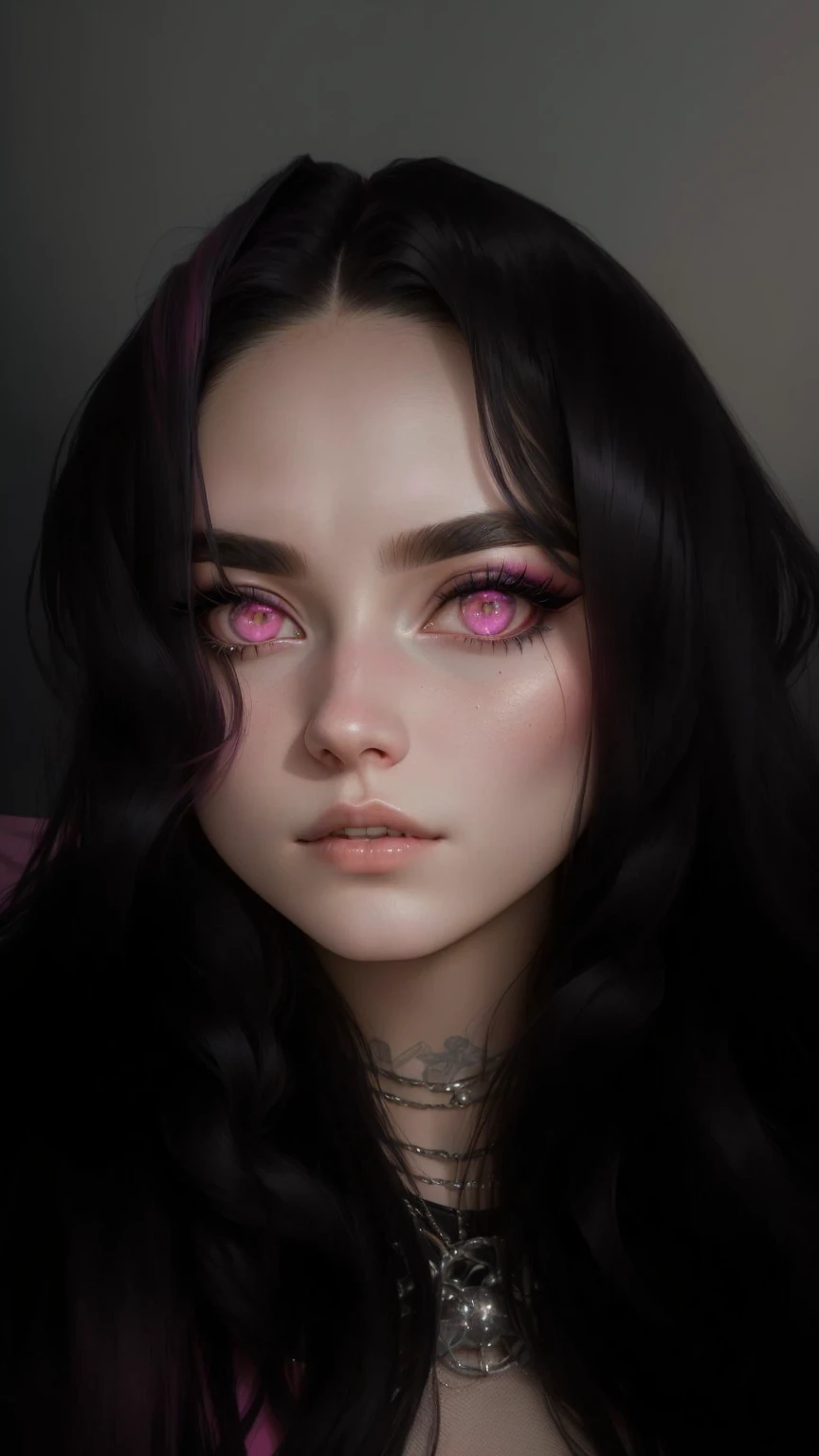 arafed woman with pink and black hair and pink eyeliners, with long hair and piercing eyes, 🤤 girl portrait, black hair and large eyes, very very low quality picture, large eyes and flowing long hair, 19-year-old girl, 1 7 - year - old goth girl, she has a cute face, she is about 1 6 years old
