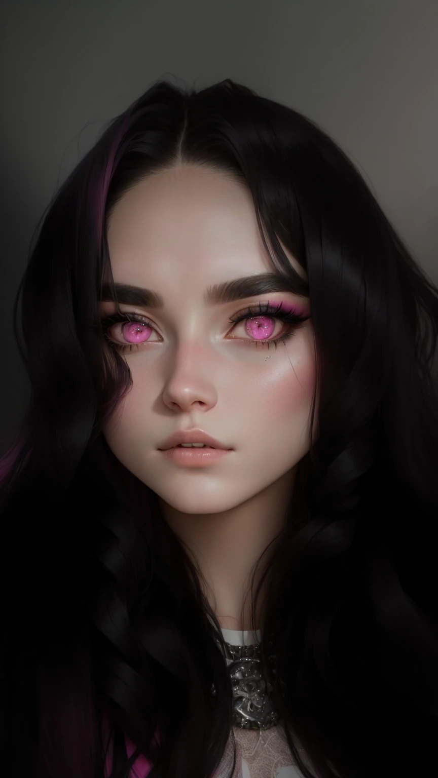 arafed woman with pink and black hair and pink eyeliners, with long hair and piercing eyes, 🤤 girl portrait, black hair and large eyes, very very low quality picture, large eyes and flowing long hair, 19-year-old girl, 1 7 - year - old goth girl, she has a cute face, she is about 1 6 years old
