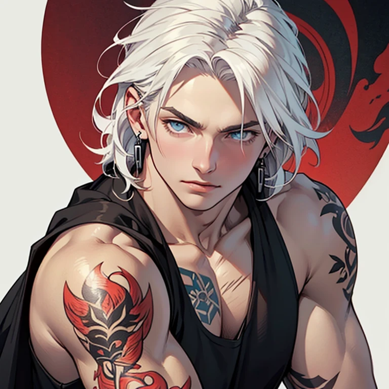 ((masterpiece)), (((best quality))), 1 male, pale white skin, white hair, medium hair, straight hair, handsome man, blue eyes, earrings, detailed background of ninja village, tight black tank top, lean body, intricate tattoos on both arms, detailed face, highest quality, highly detailed, original, high resolution CG Unit 8k wallpaper, (best quality, artwork, masterpiece, 4k)