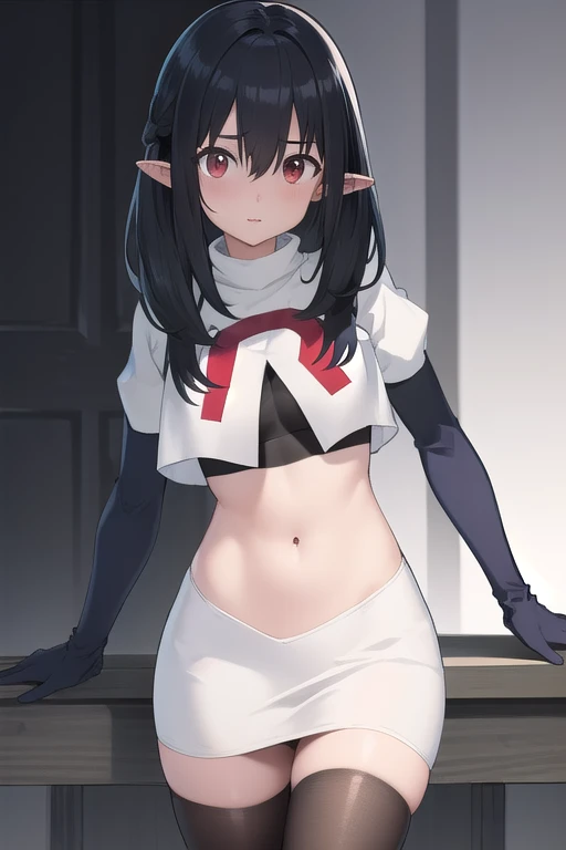 ((masterpiece)),(best quality),official art,extremely detailed CG,unity 8k wallpaper,ultra detailed,1girl,solo,black_hair,pointy_ears,long_hair,red_eyes,looking_at_viewer,bangs,hair_between_eyes,team rocket,team rocket uniform,white skirt,red letter R,crop top,black thigh-highs,black elbow gloves