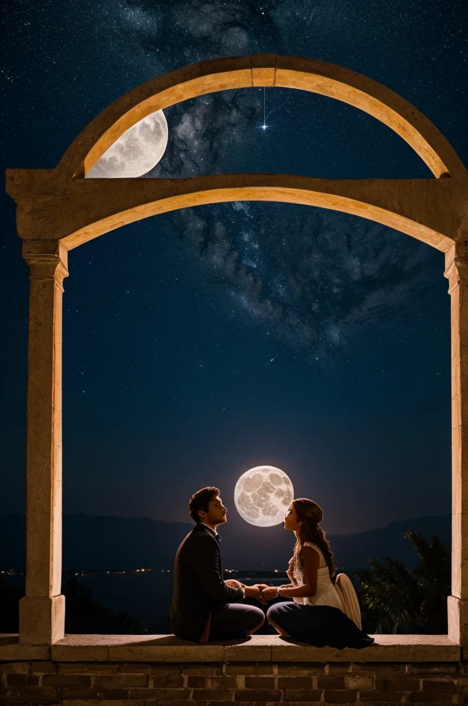 A image of star crossed lovers at each end of a wall of full moon night and the image must be ratio of 9:16 ratio