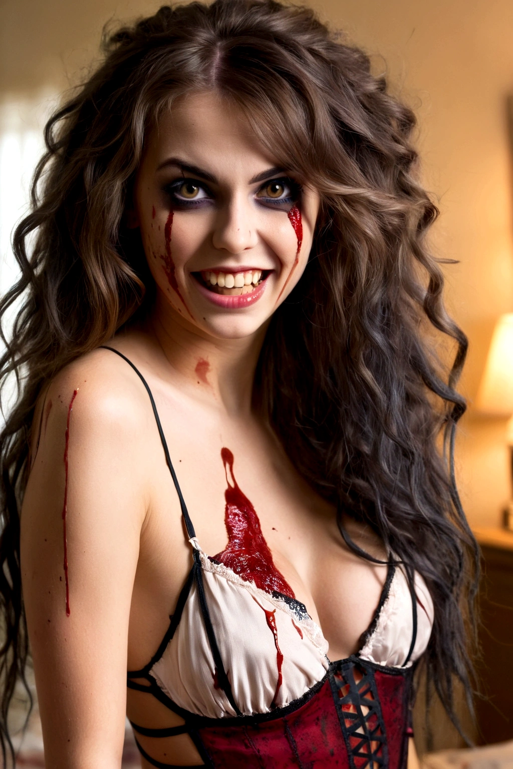 (age 25) a psychotic ex girlfriend (crazy makeup, long messy hair, strappy tattered lingerie, jagged tools), smile teeth showing, large crazy eyes, blood spattered bedroom, blood splattered over body,