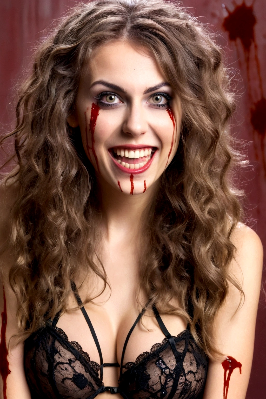 (age 25) a psychotic ex girlfriend (crazy makeup, long messy hair, strappy tattered lingerie, jagged tools), smile teeth showing, large crazy eyes, blood spattered bedroom, blood splattered over body,