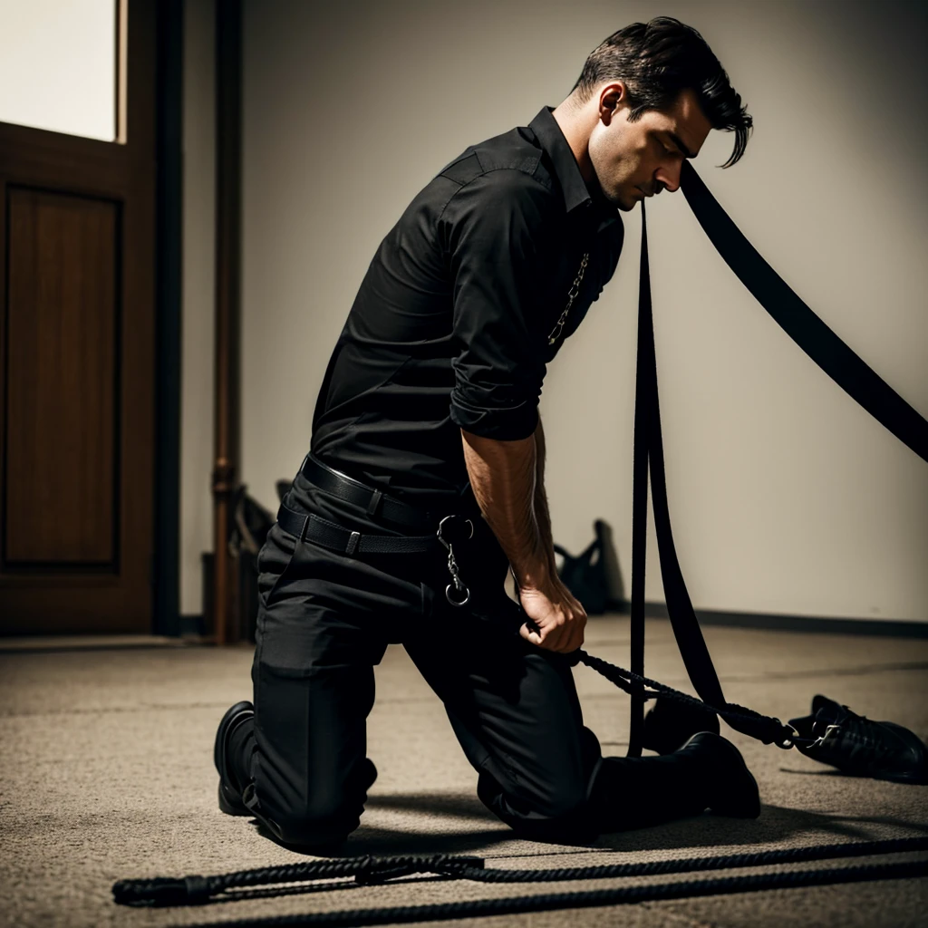 a spy, dressed in black shirt and dark pants, kneels on the floor. he is tied up with rope, firmly. his hands are fastened behind his back. he wears dark socks but has had his shoes removed. there is debris. a black cloth covers his eyes.