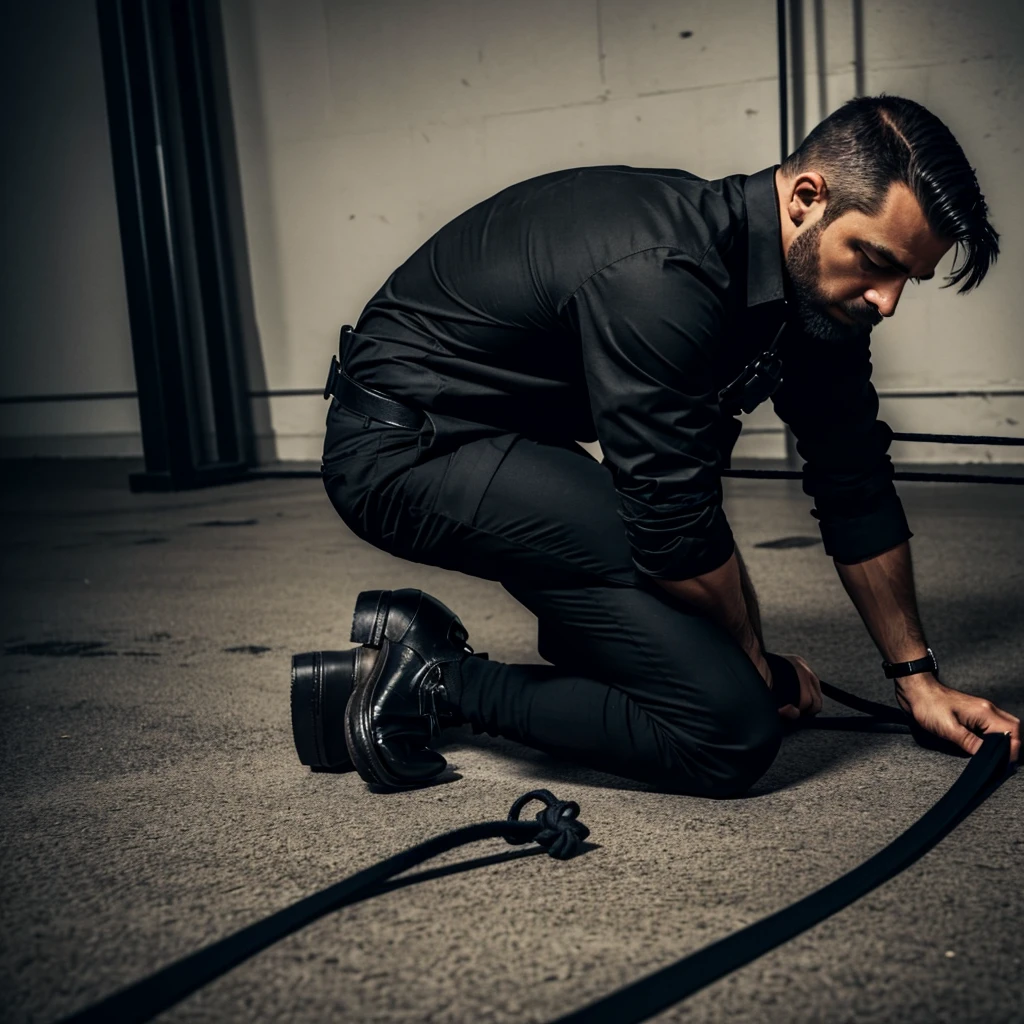 a spy, dressed in black shirt and dark pants, kneels on the floor. he is tied up with rope, firmly. his hands are fastened behind his back. he wears dark socks but has had his shoes removed. there is debris. a black cloth covers his eyes.