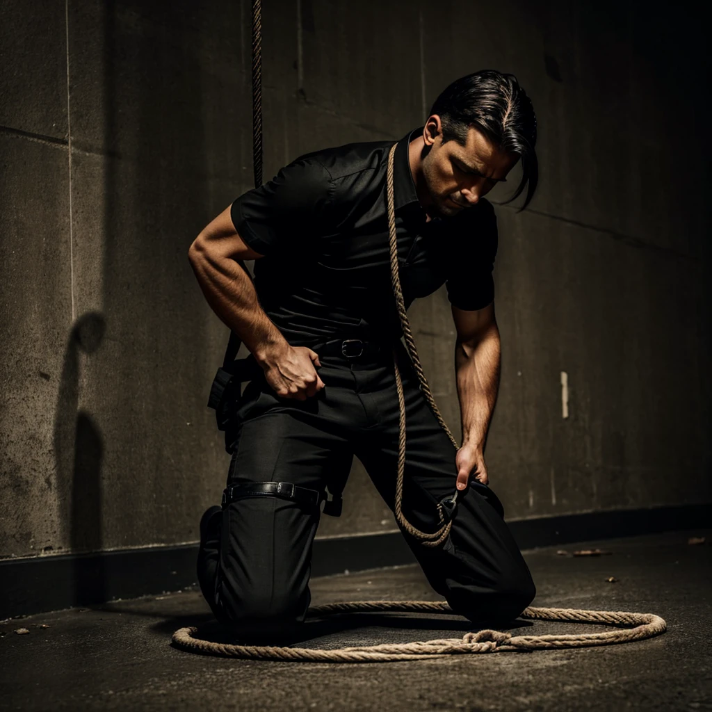 a spy, dressed in black shirt and dark pants, kneels on the floor. he is tied up with rope, firmly. his hands are fastened behind his back. he wears dark socks but has had his shoes removed. there is debris. a black cloth covers his eyes.