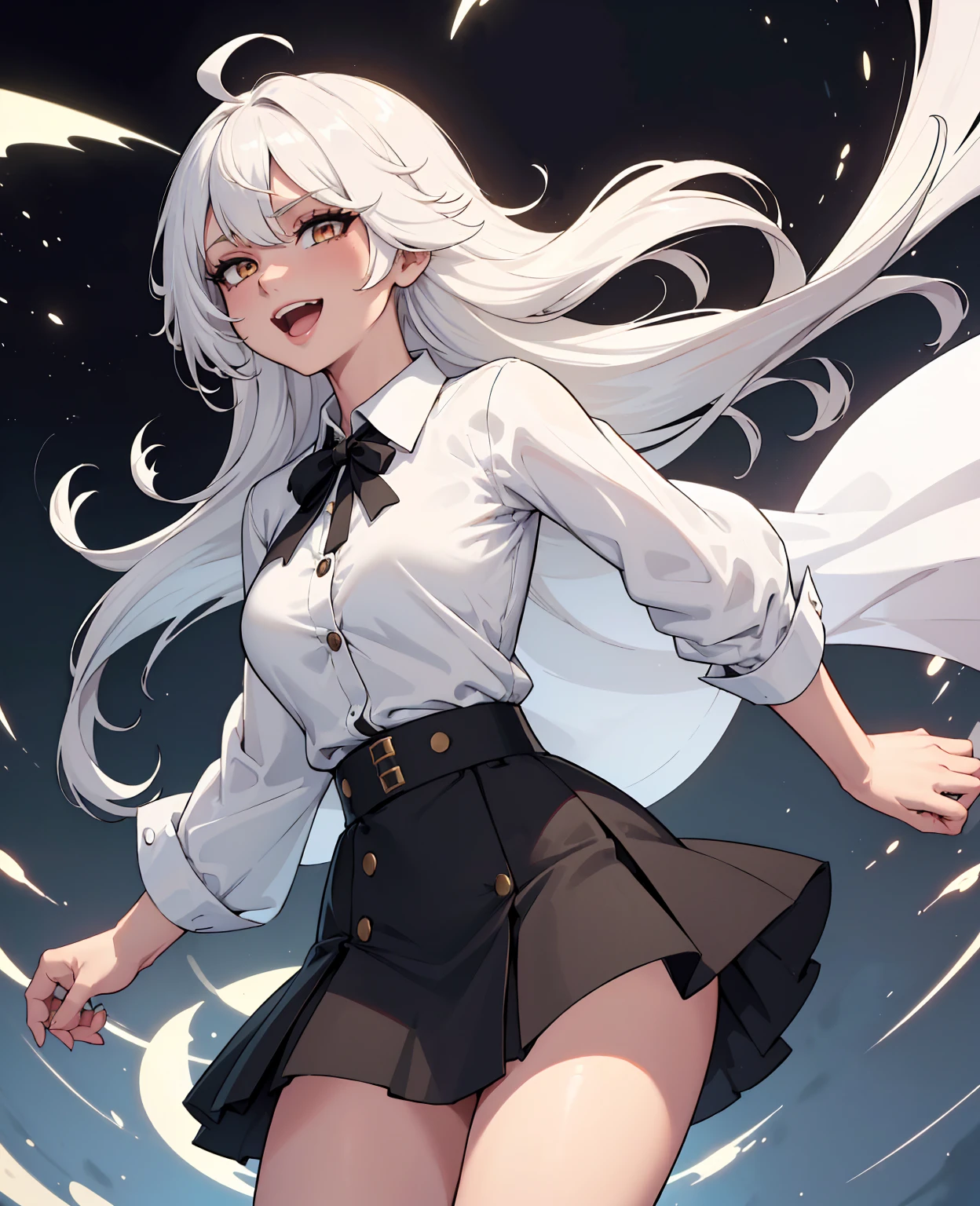((masterpiece, best quality)), (1girl), (solo), (female focus), (ahoge, white hair, very long hair), gold eyes, light smile, open mouth, ((white shirt), (buttoned shirt), (button gap)), ((black skirt), (short skirt)), standing, white background, arms behind back, dynamic angle,