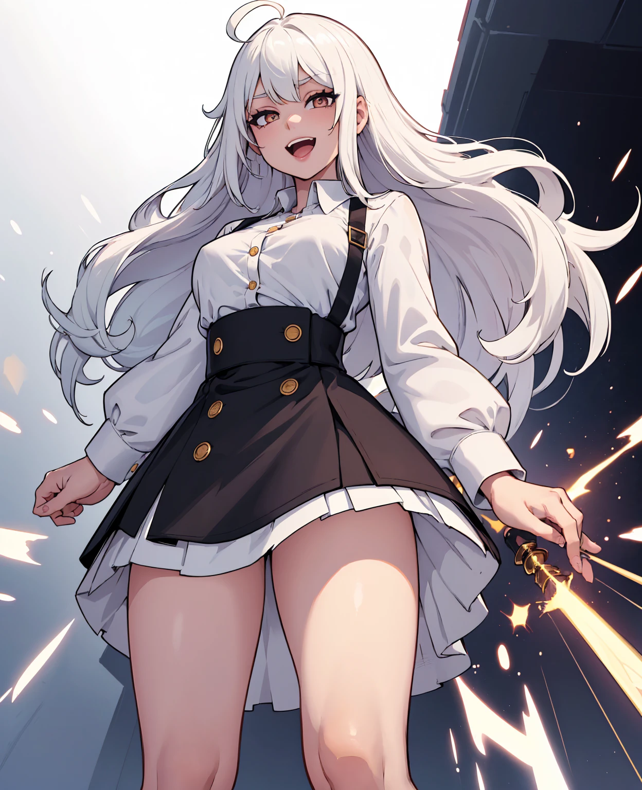 ((masterpiece, best quality)), (1girl), (solo), (female focus), (ahoge, white hair, very long hair), gold eyes, light smile, open mouth, ((white shirt), (buttoned shirt), (button gap)), ((black skirt), (short skirt)), standing, white background, arms behind back, dynamic angle,