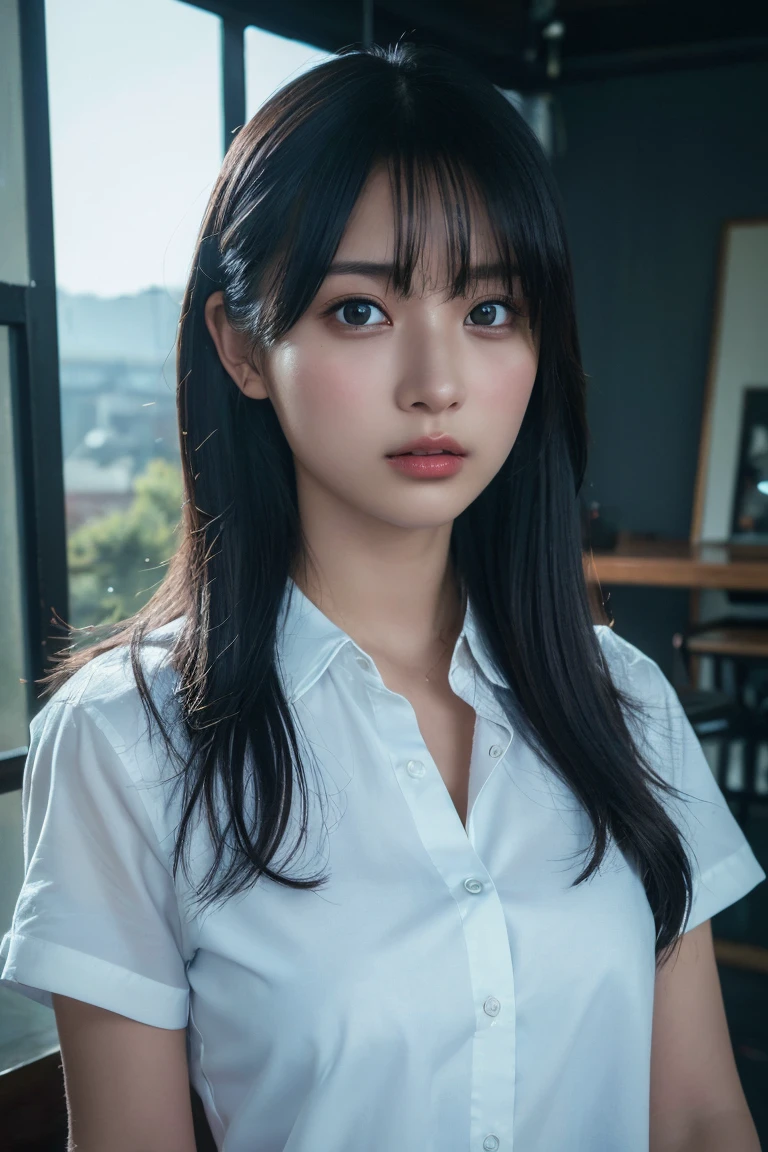 (highest quality:1.4),(masterpiece:1.4),(Realistic:1.4),(Realistic:1.2),(超High resolution, RAW Photos:1.4),(High resolution, Ultra-detailed:1.2),(8k:1.2),Cinematic photography,a photo of a dark-haired,One girl,alone,(White shirt),((Upper Body:1.3))