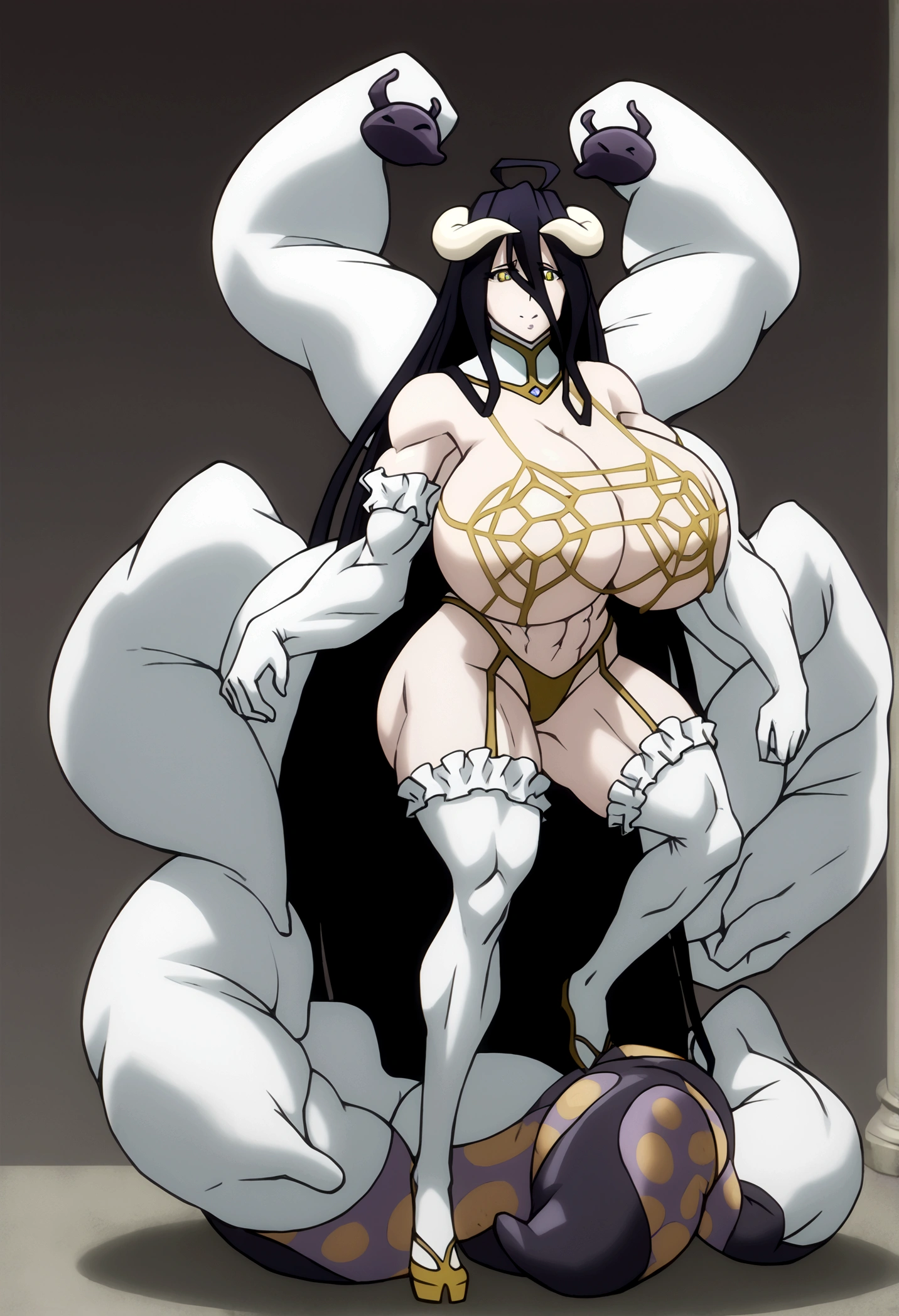 Albedo, gigantic muscular body, ninomae tentacles, huge breasts, 4 arms, full body.