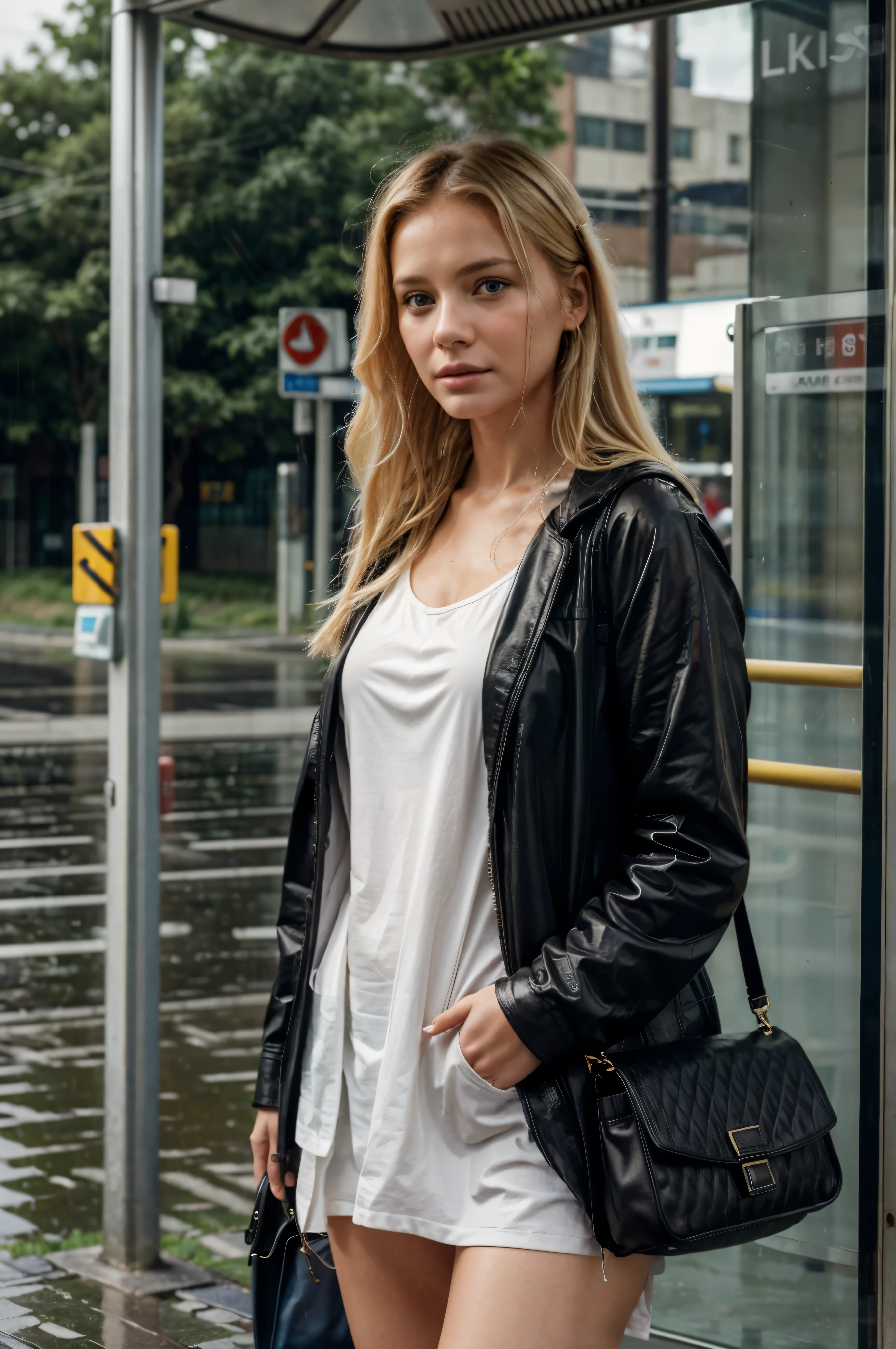 4k super realistic image of, a blonde woman waiting for a bus at a bus stop on a rainy summer day