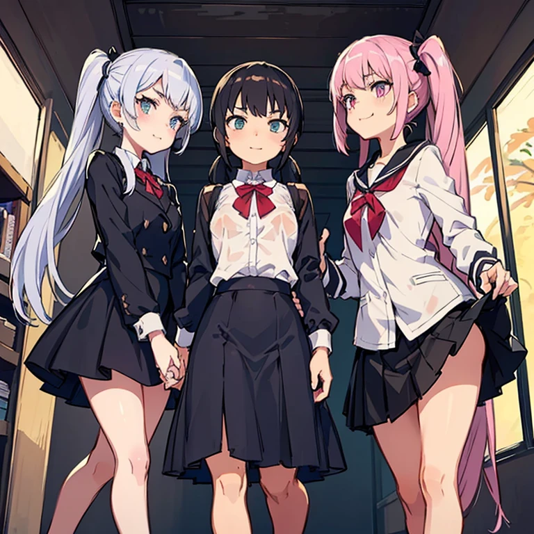 4 Girls with pink hair, long twintail hairstyle, small bushy eyebrows, wearing gothic ta clothing, loli(Zankuro) drawing style by zankuro artist, Zancrow style, image uploaded to R34, walking to school, flirty smile, , lifting her skirt to show her vagina wet with semen,( 4 diferents girls having sex )
