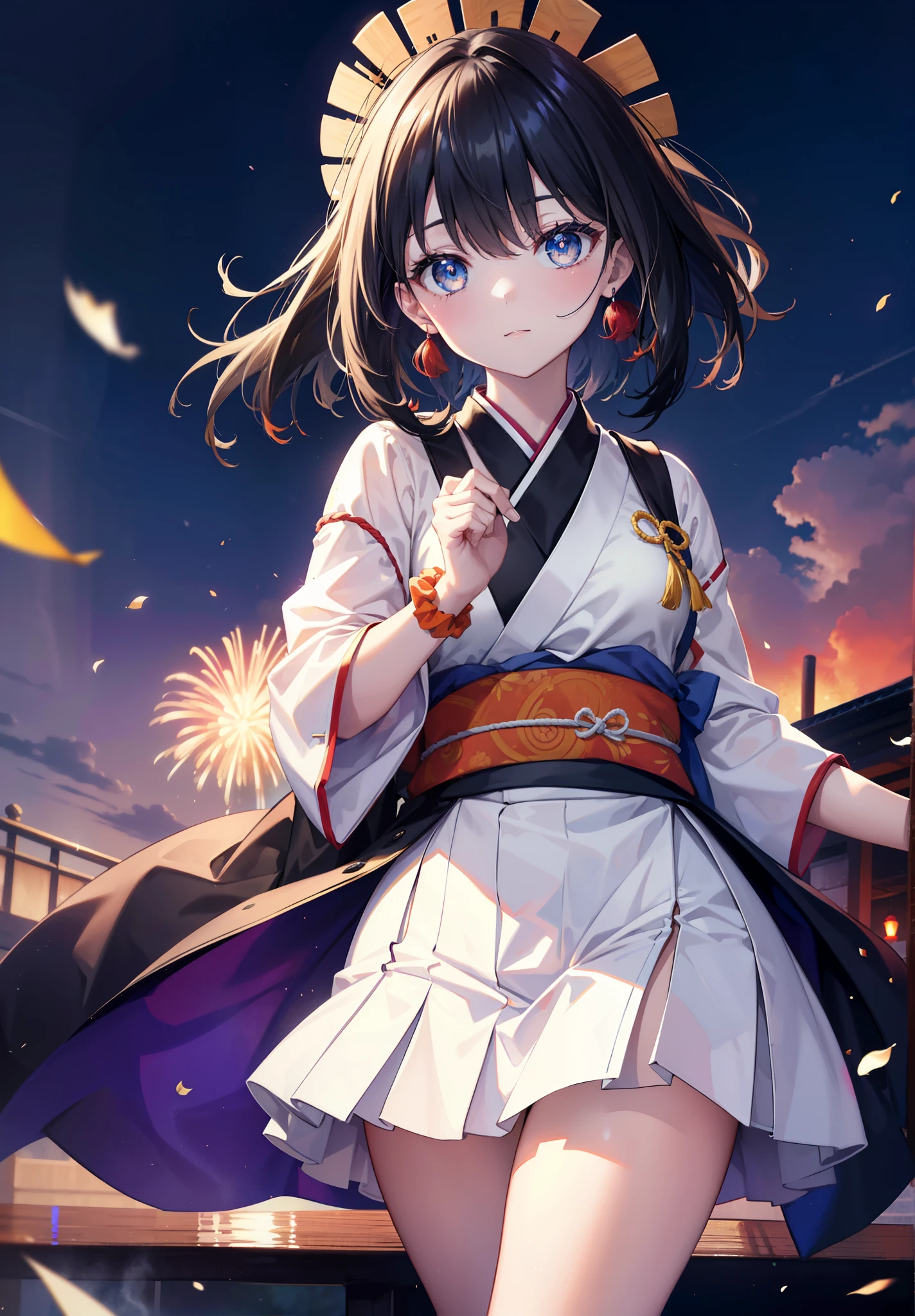 Takada Rokka, Black Hair, blue eyes, Long Hair, orange Scrunchie, Scrunchie, wrist Scrunchie, single hair band,White Kimono,White long skirt,Thick sleeves,Sandals,日本のfestival,夏festivalの屋台,Red lantern,happy smile, smile, Open your mouth,Fireworks,The place is a fireworks display、Time is night,Walking,whole bodyがイラストに入るように,
break outdoors, festival,
break looking at viewer, whole body,(Cowboy Shot:1. 5),
break (masterpiece:1.2), Highest quality, High resolution, unity 8k wallpaper, (shape:0.8), (Fine and beautiful eyes:1.6), Highly detailed face, Perfect lighting, Highly detailed CG, (Perfect hands, Perfect Anatomy),