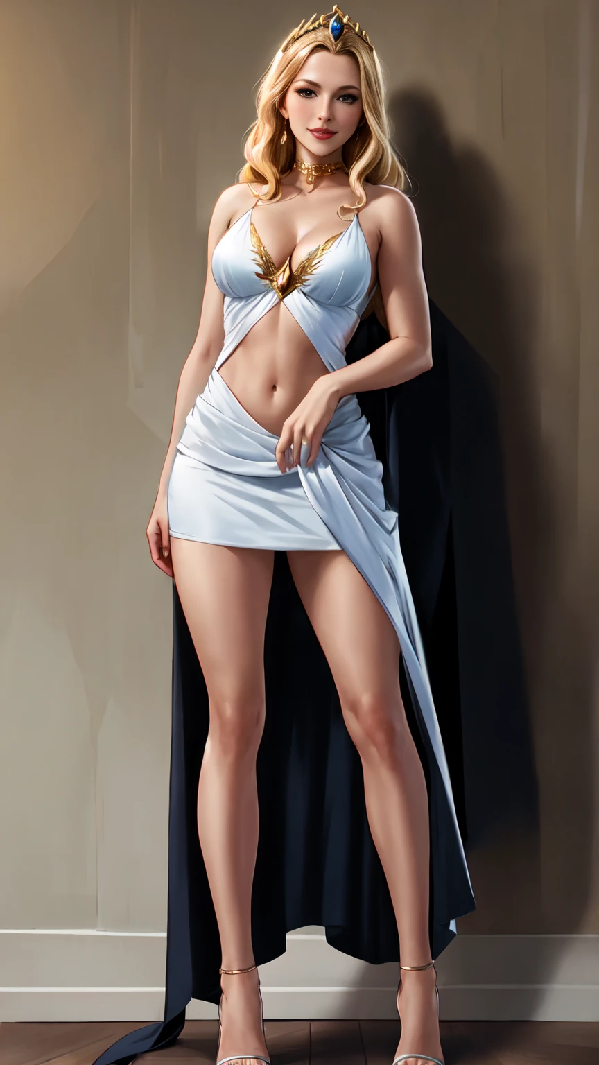 ((Full body photo, standing, feet on the ground)) sheraquiron,long_blonde_hair BREAK [SEP],
golden_tiara BREAK [SEP],
white_mini_dress BREAK [SEP],
revealed_cleavage,exposed_medium_breasts,navel,colarbone,covered_nipples:1.2) BREAK [SEP],
(ambient_lighting:1.1),(ultra_realistic,32k,RAW_photo:1.1),(high_detailed_skin:1.1),8k_uhd,dslr BREAK [SEP],
high_quality,film_grain BREAK [SEP],
full_shot,looking_at_viewer_seductively,flirty_smile,naughty_face,simple_background,(insanely_detailed,best_quality,masterpiece,photorealistic:1.3),
