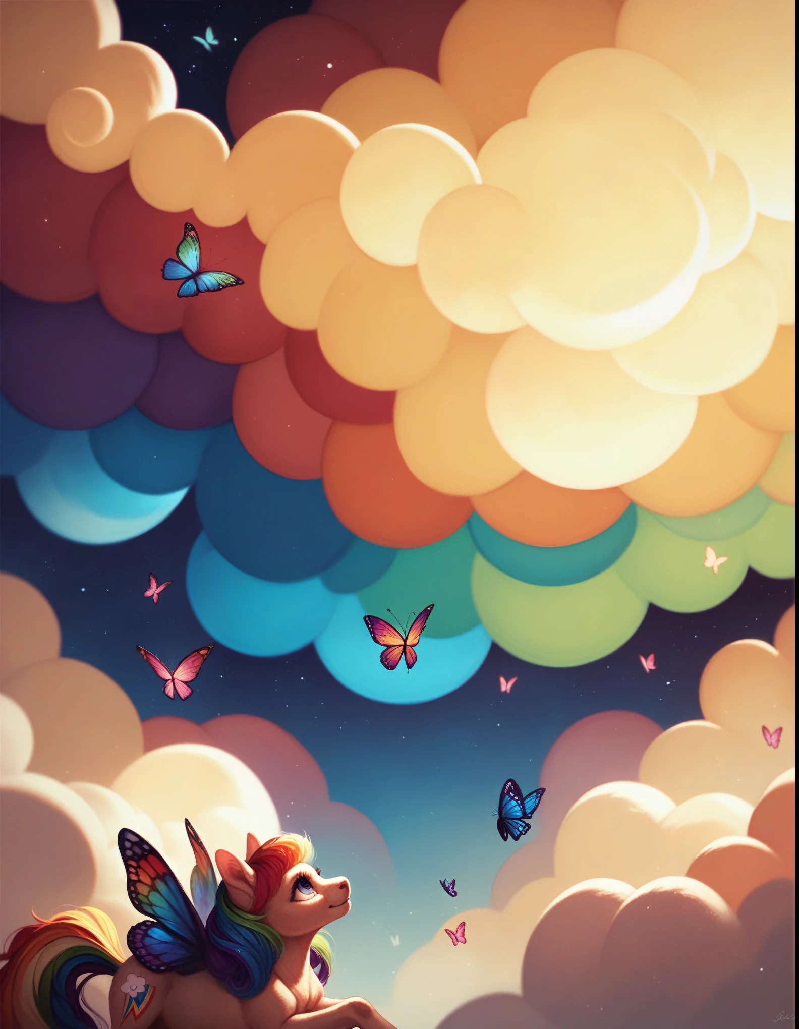 ((best quality)), ((masterpiece)), (detailed), Drawing a cute rainbow-colored round monster in space, rainbow-colored grass and butterflies flying on the water, looking up at the starry sky. Surrounding her with colorful nebulas and colorful forests.  