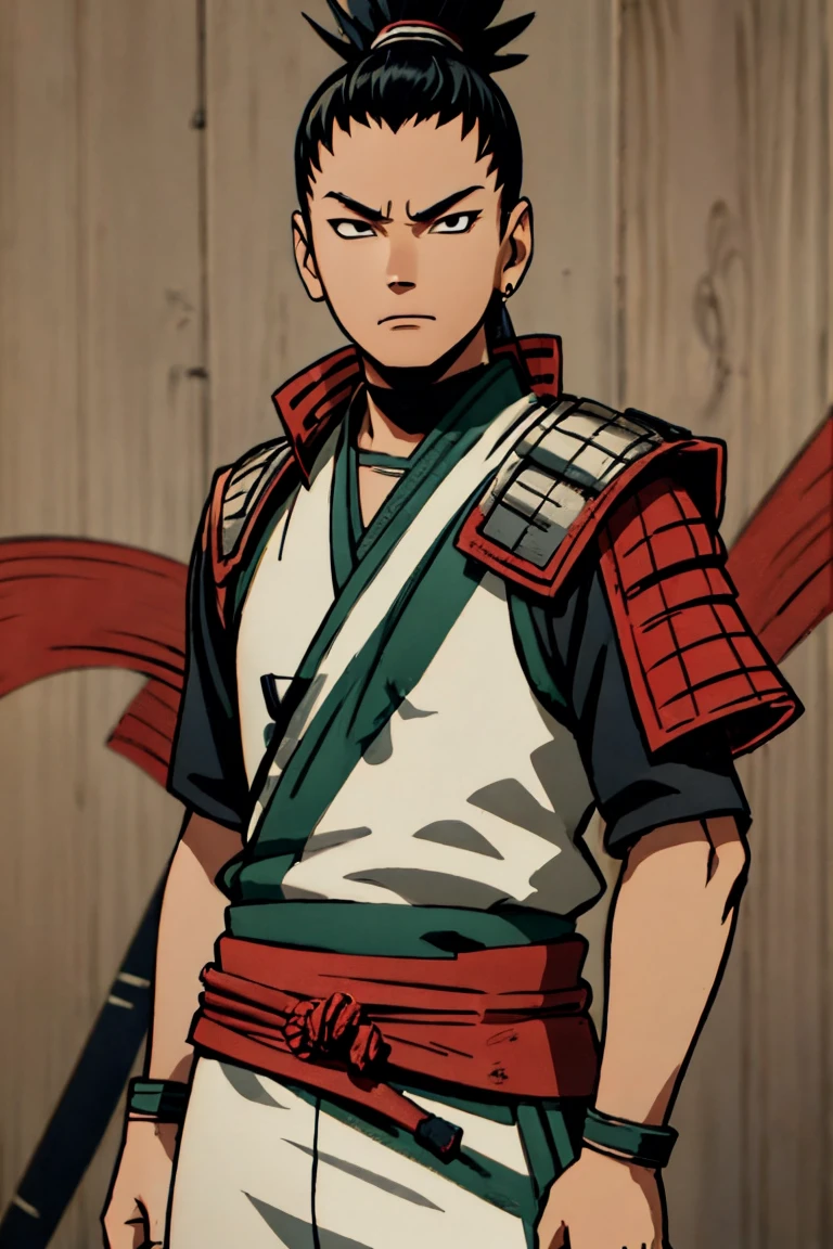 Shikamaru with a samurai clothing preferably with colors like red, black and white details, that your hairstyle be tied hair if possible braids, let everything have a 2d animated scott pilgrim style, and also lastly be super detailed despite being animated