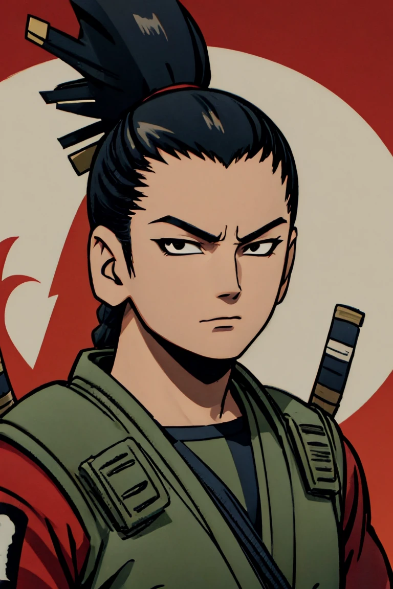 Shikamaru with a samurai clothing preferably with colors like red, black and white details, that your hairstyle be tied hair if possible braids, let everything have a 2d animated scott pilgrim style, and also lastly be super detailed despite being animated