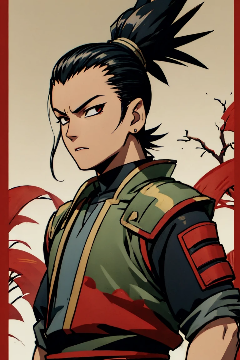 Shikamaru with a samurai clothing preferably with colors like red, black and white details, that your hairstyle be tied hair if possible braids, let everything have a 2d animated scott pilgrim style, and also lastly be super detailed despite being animated