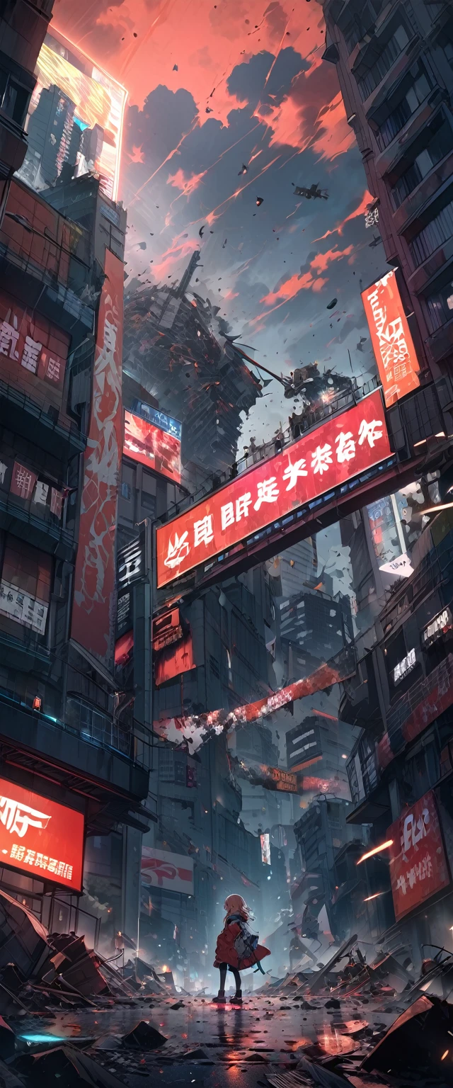 1girl, chipa \(arutana\), blue archive, cityscape, apocalyptic, red_sky, debris, billboards, japanese_text, anime_style, dramatic_lighting, urban, chaos, vibrant_colors, night, neon_signs, destruction, wide_shot, cloud_fragments, floating_debris, ominous_atmosphere, digital_art, official art, ((very aesthetic, best quality, ultra detailed)), vector art
