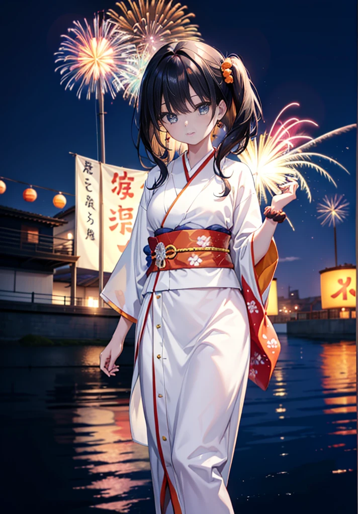 Takada Rokka, Black Hair, blue eyes, Long Hair, orange Scrunchie, Scrunchie, wrist Scrunchie, single hair band,White Kimono,Thick sleeves,Sandals,日本のfestival,夏festivalの屋台,Red lantern,happy smile, smile, Open your mouth,Fireworks,The place is a fireworks display、Time is night,Walking,whole bodyがイラストに入るように,
break outdoors, festival,
break looking at viewer, whole body,(Cowboy Shot:1. 5),
break (masterpiece:1.2), Highest quality, High resolution, unity 8k wallpaper, (shape:0.8), (Fine and beautiful eyes:1.6), Highly detailed face, Perfect lighting, Highly detailed CG, (Perfect hands, Perfect Anatomy),