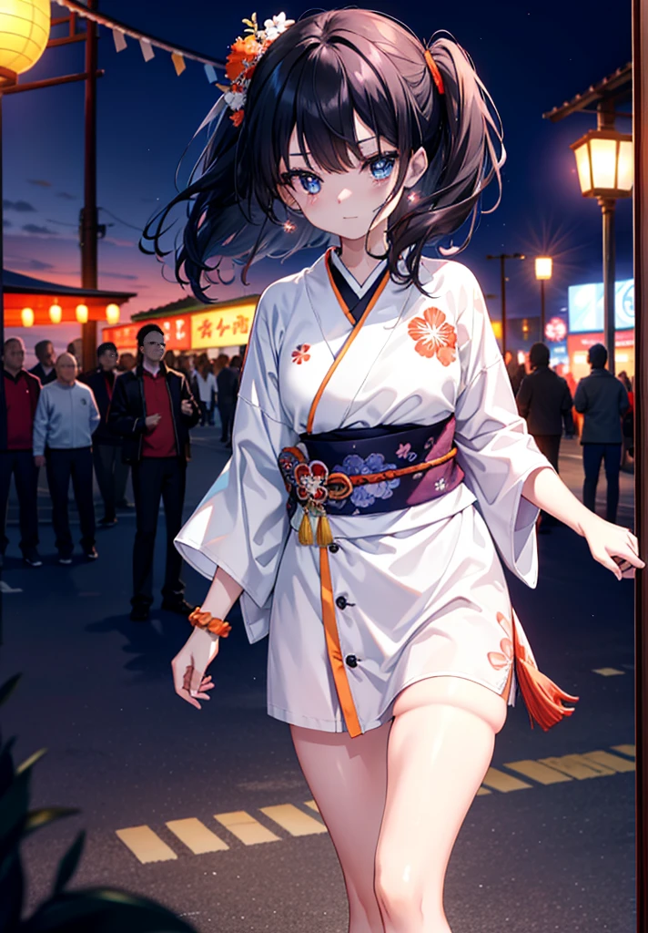 Takada Rokka, Black Hair, blue eyes, Long Hair, orange Scrunchie, Scrunchie, wrist Scrunchie, single hair band,White Kimono,Thick sleeves,Sandals,日本のfestival,夏festivalの屋台,Red lantern,happy smile, smile, Open your mouth,Fireworks,The place is a fireworks display、Time is night,Walking,whole bodyがイラストに入るように,
break outdoors, festival,
break looking at viewer, whole body,(Cowboy Shot:1. 5),
break (masterpiece:1.2), Highest quality, High resolution, unity 8k wallpaper, (shape:0.8), (Fine and beautiful eyes:1.6), Highly detailed face, Perfect lighting, Highly detailed CG, (Perfect hands, Perfect Anatomy),